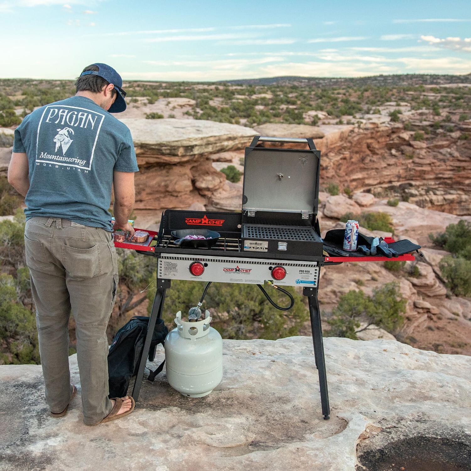 Camp Chef PRO60X Pro 60X 2-Burner Portable Propane Gas Stove - Lifestyle View - Grilling Steaks (accessories shown not included) thumbnail