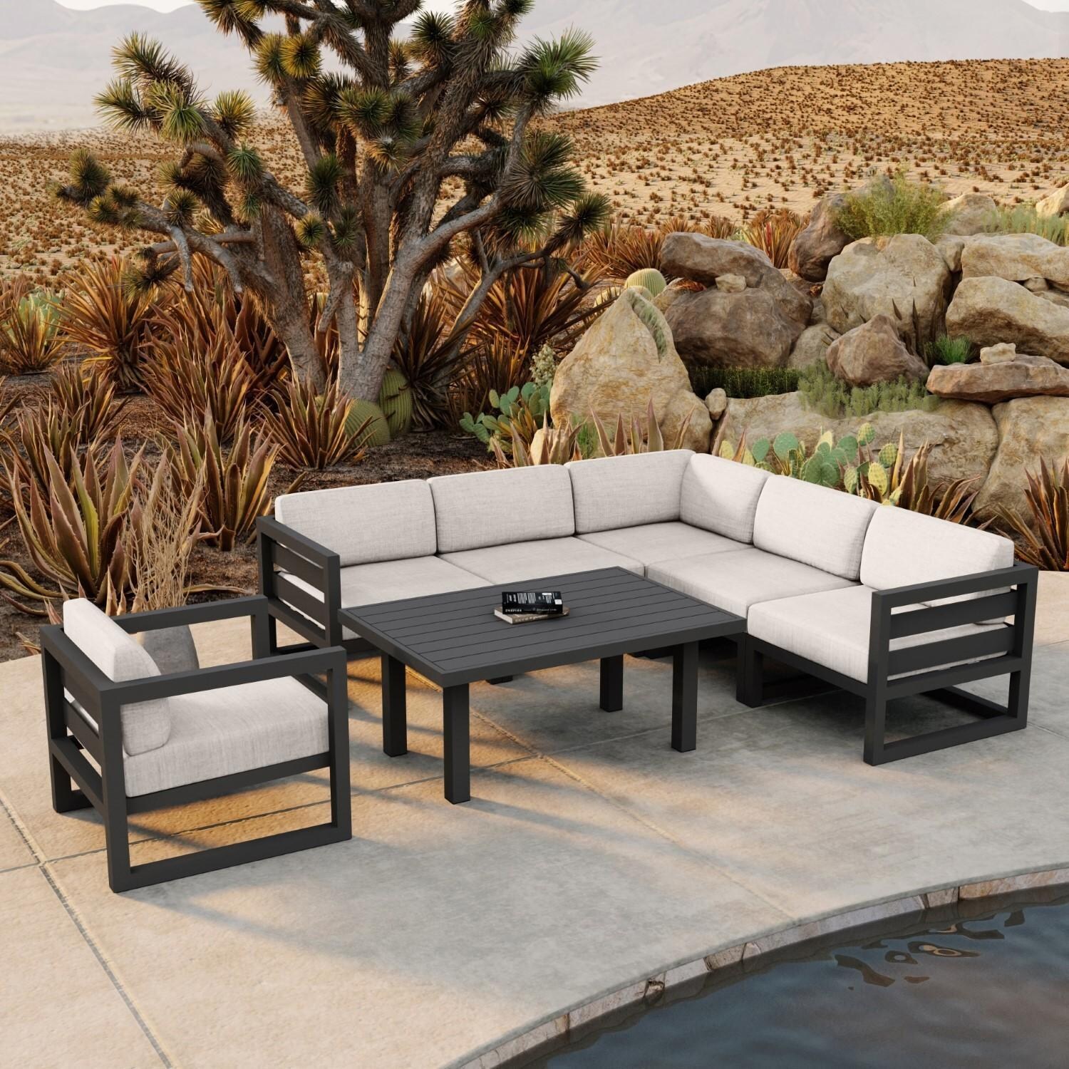 Lakeview MSTYCV-SL-SET212-CS Misty Cove 7 Pc Aluminum Sectional Set in Slate w/Chat Table & Cast Silver Cushions by Lakeview Outdoor Designs - By the Pool - Lifestyle thumbnail
