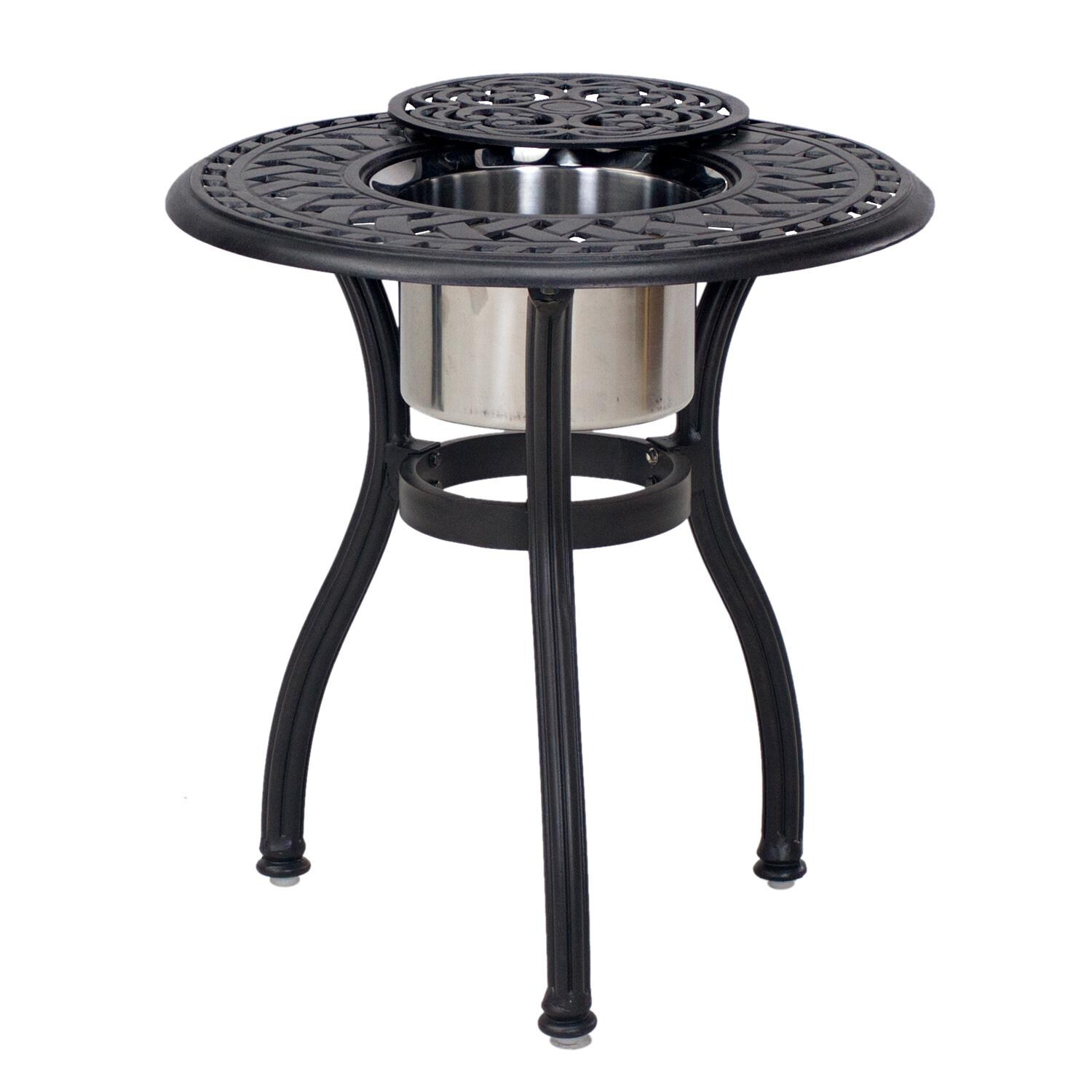 Darlee Madison 3 Piece Cast Aluminum Patio Conversation Set W/ 24-Inch Round Ice Bucket End Table & Sesame Cushions - Table W/ Ice Bucket thumbnail