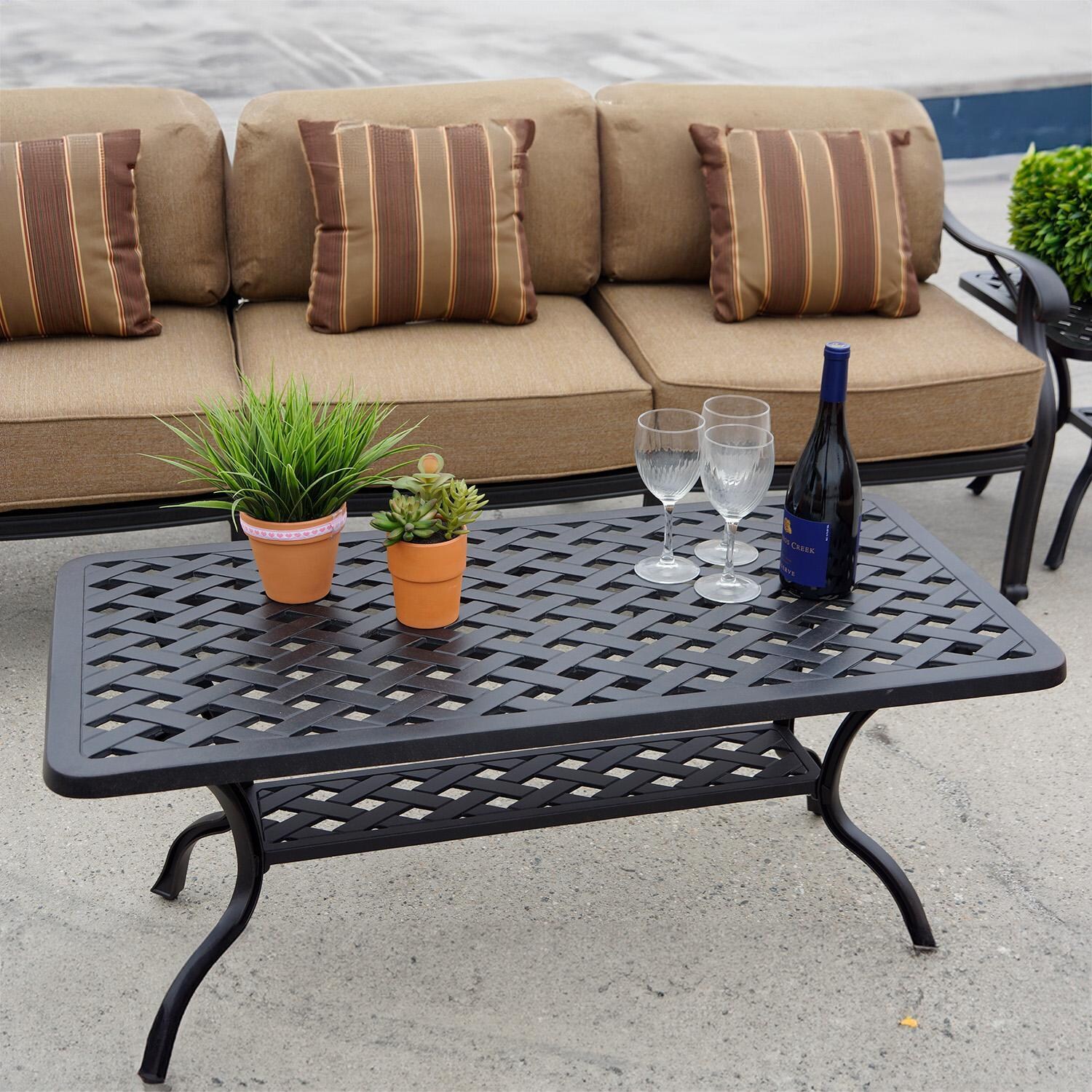 Darlee Nassau 4-Piece Patio Sofa Conversation Set (with 2 Swivel Rocker Club Chairs) with Cushions and 21 X 42 Inch Rectangular Coffee Table - Table and Sofa - Lifestyle thumbnail