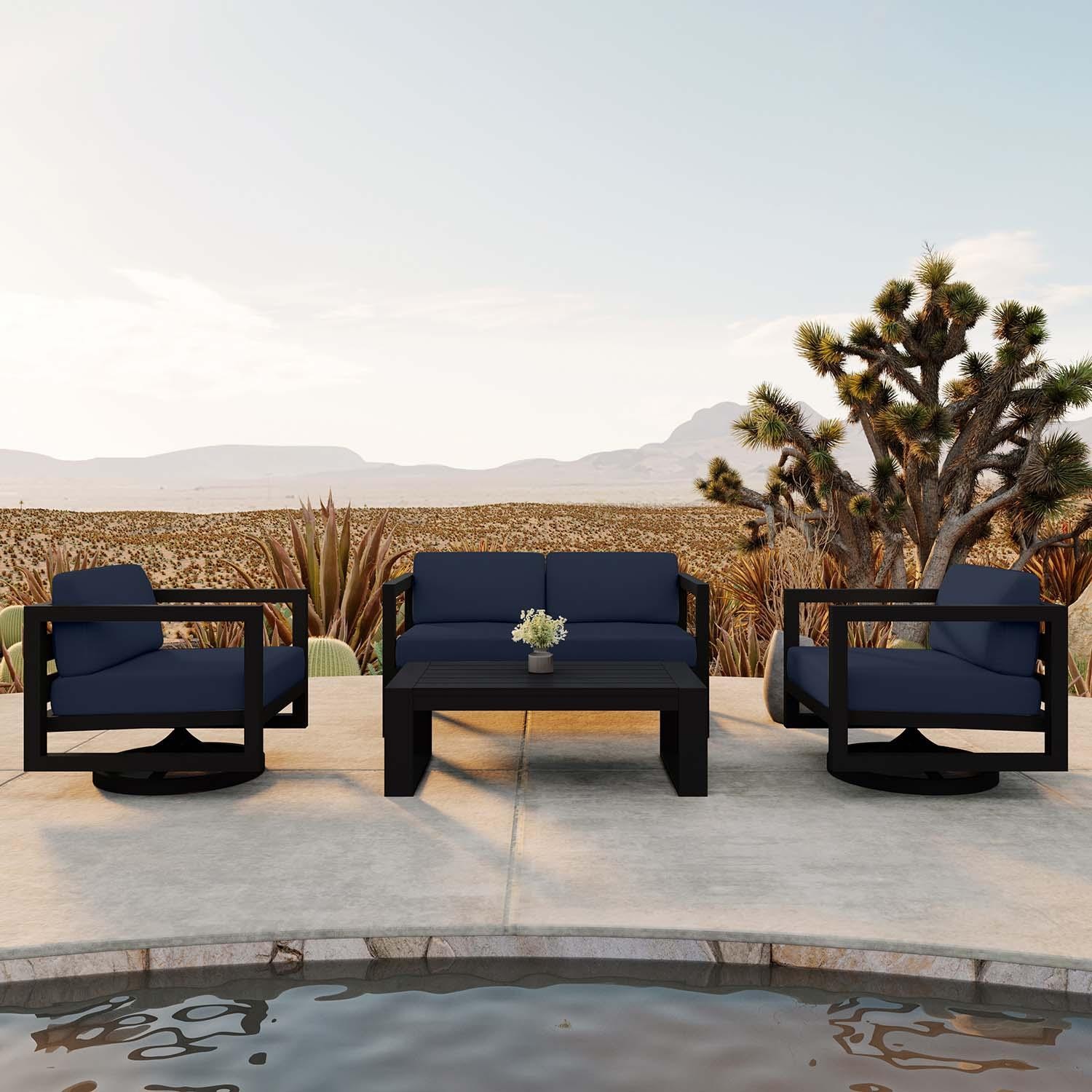 Misty Cove 4 Pc Aluminum Loveseat Seating Set w/ Swivel Chairs in Black/Spectrum Indigo by Lakeview Outdoor Designs