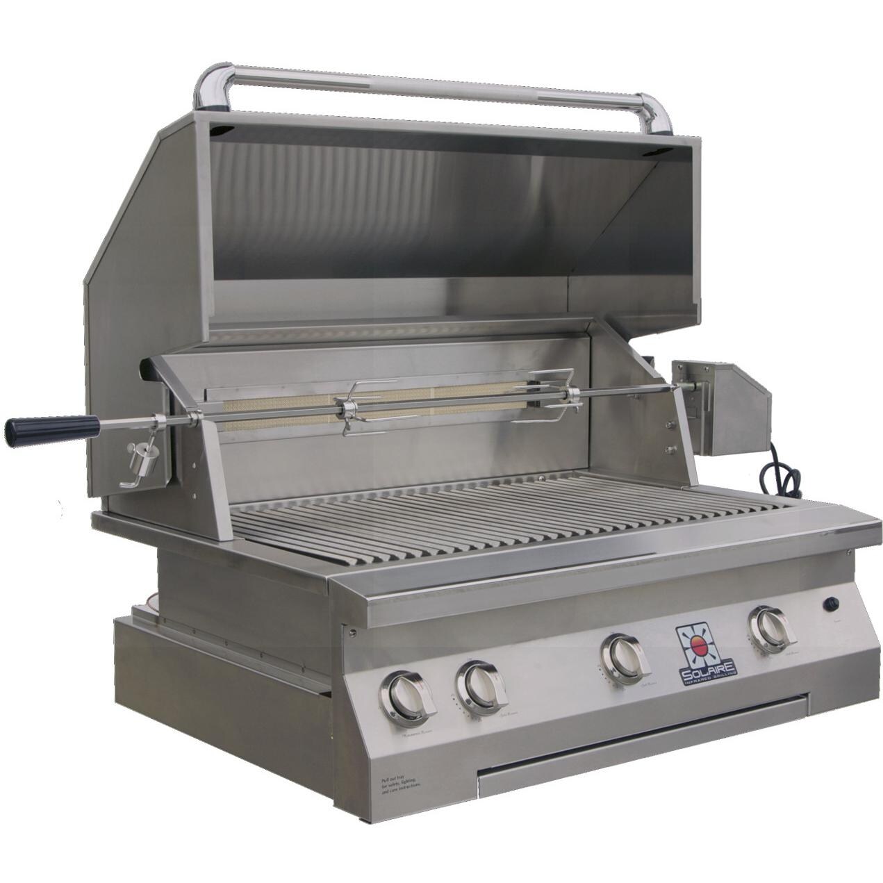 Solaire 36 Inch Built-In Infrared Grill With Rotisserie - Angled With Hood Open thumbnail