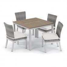 Argento 5 Piece Wicker Patio Dining Set W/ 39 Inch Square Tekwood Vintage Table, Side Chairs & Eggshell White Cushions By Oxford Garden