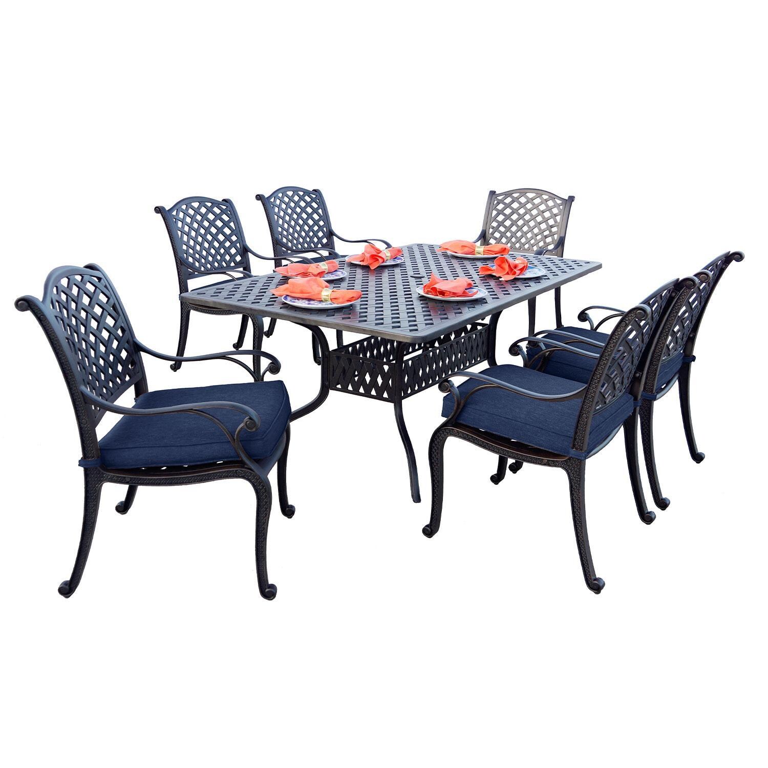 Nassau 7 Pc Cast Aluminum Dining Set w/ 72 X 42 Inch Series 30 Table in Antique Bronze/Navy by Darlee