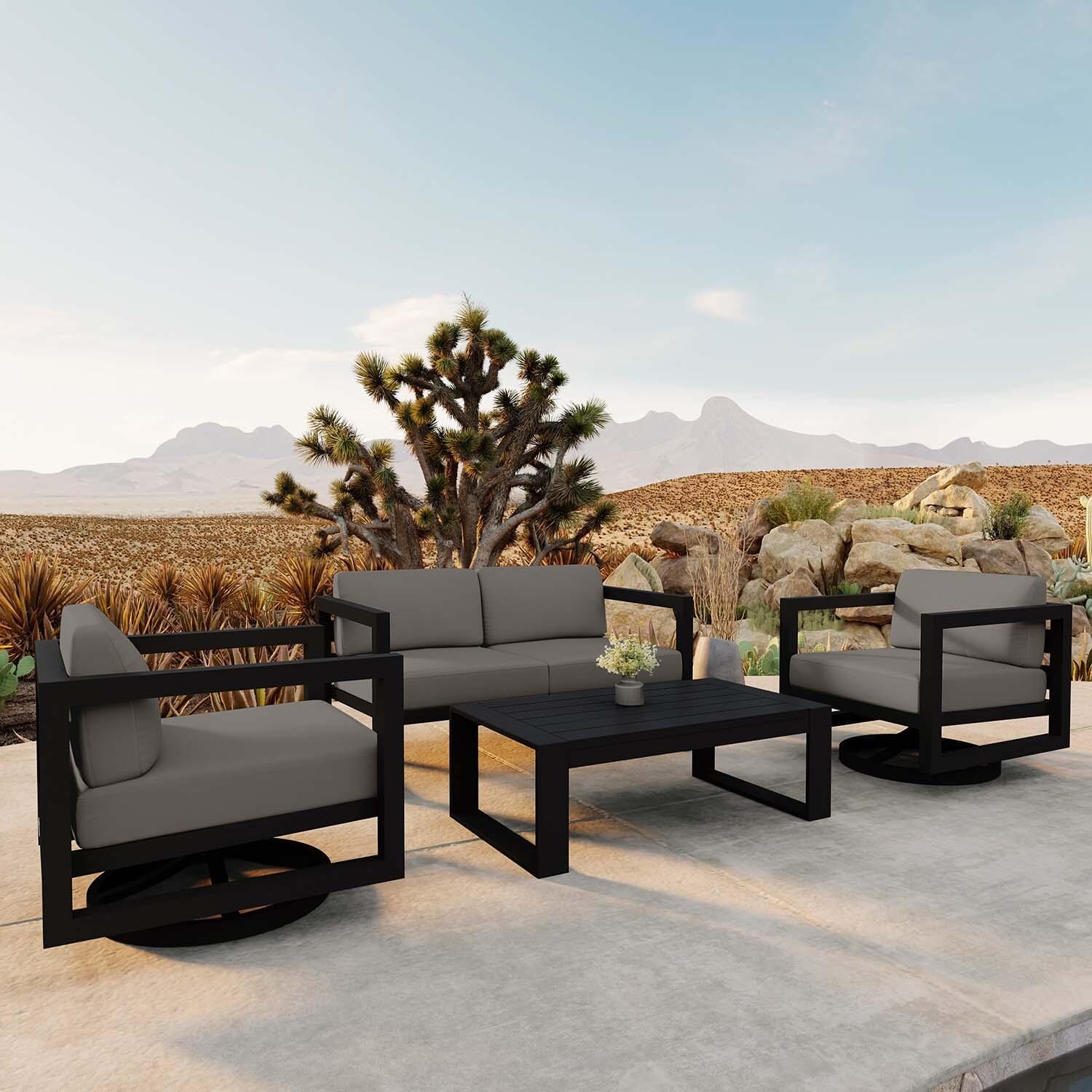 Misty Cove 4 Pc Aluminum Loveseat Seating Set w/ Swivel Chairs in Black/Canvas Charcoal by Lakeview Outdoor Designs - Angled - Lifestyle thumbnail