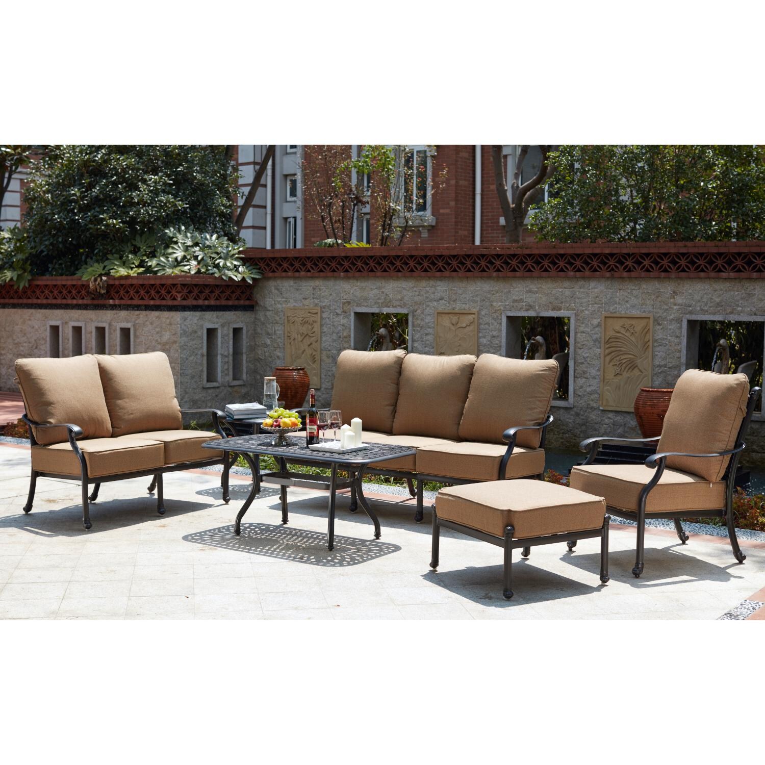 Darlee 201658-6PC-60AB Madison 6 Piece Cast Aluminum Patio Conversation Set W/ Sesame Polyester Cushions - Lifestyle thumbnail