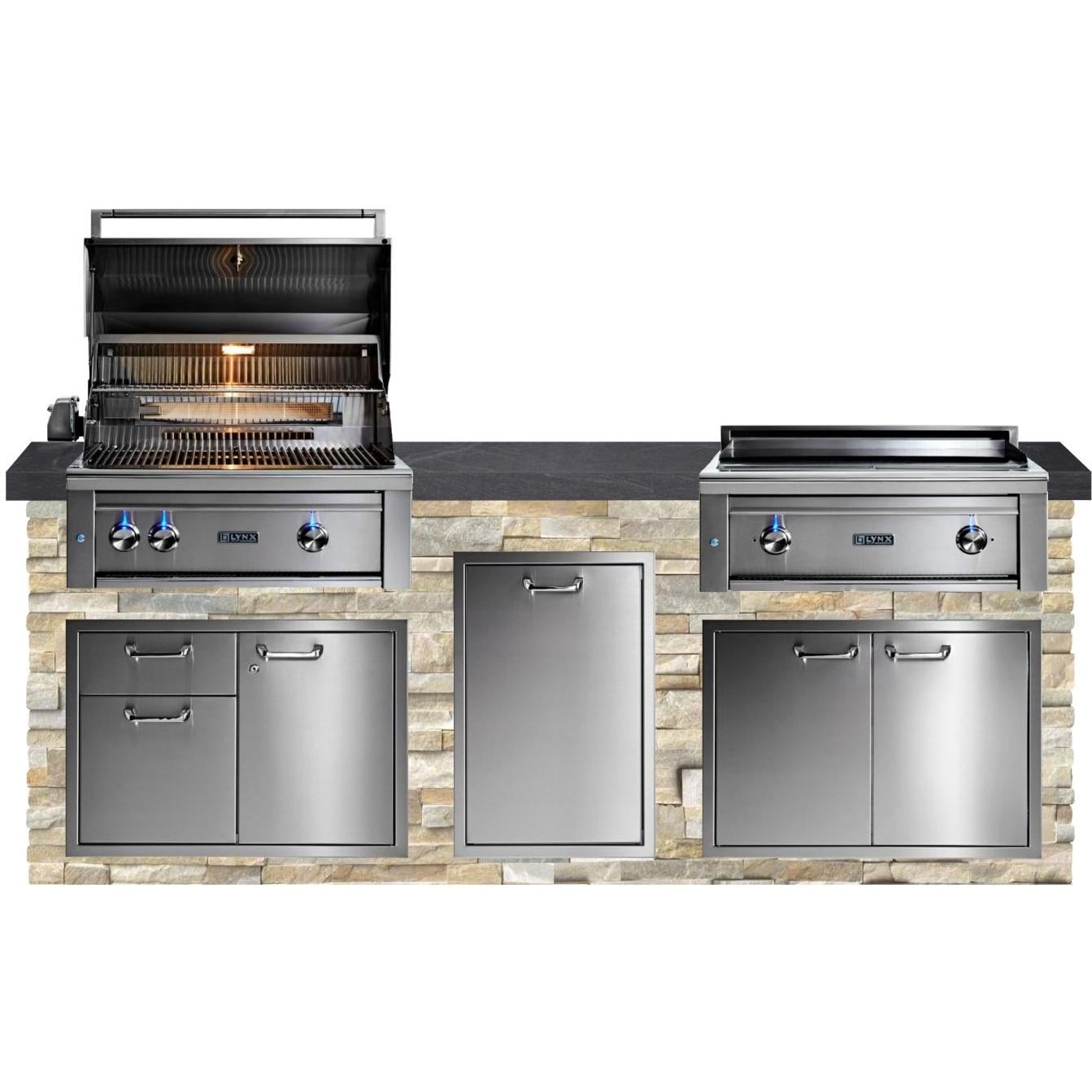 BBQGuys Signature 8-Foot Outdoor Kitchen Island w/ Lynx Professional 30-in Propane Grill & 30-in Asado