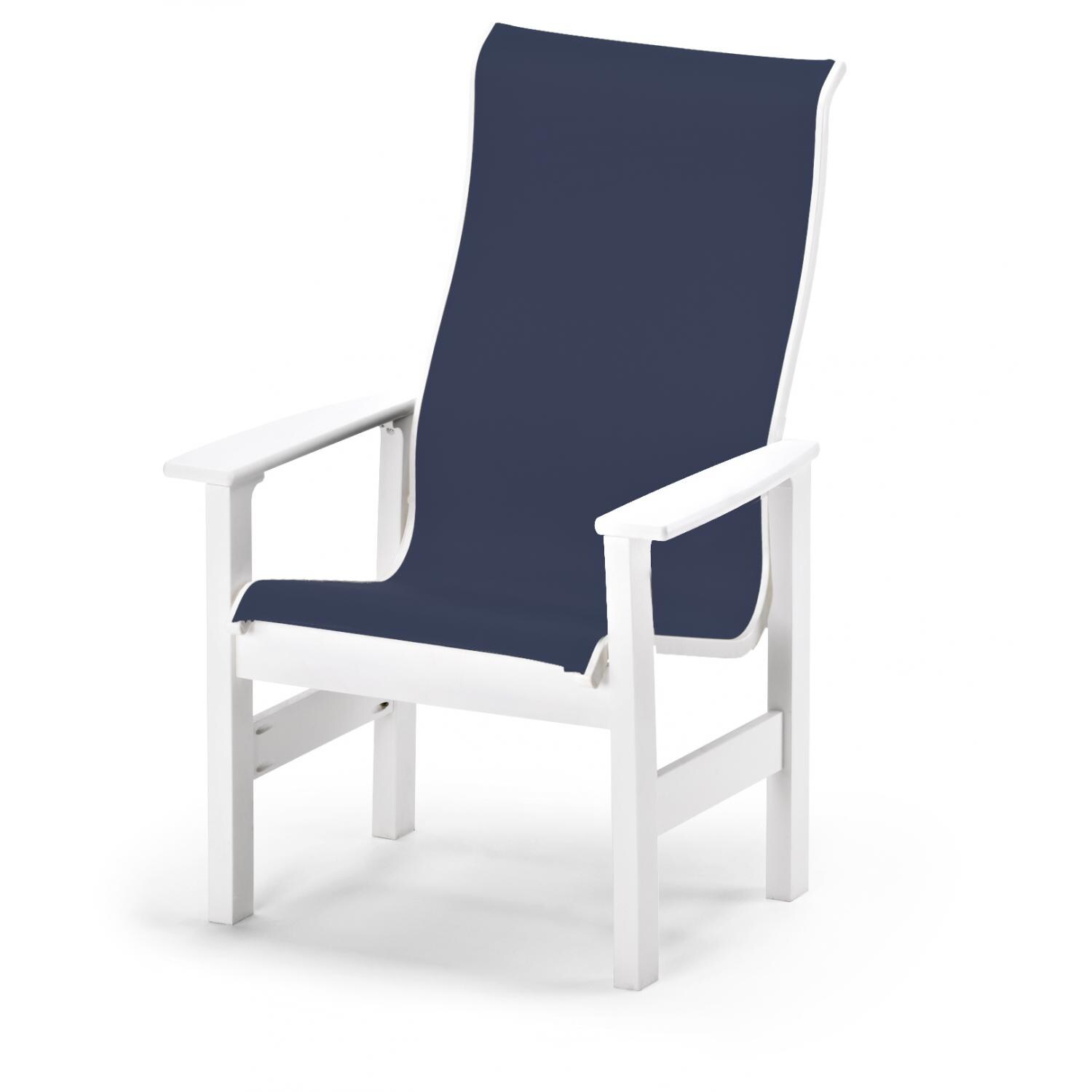 Leeward Supreme MGP Patio Dining Arm Chair With Sling Seating By Telescope Casual - Textured Snow/Navy