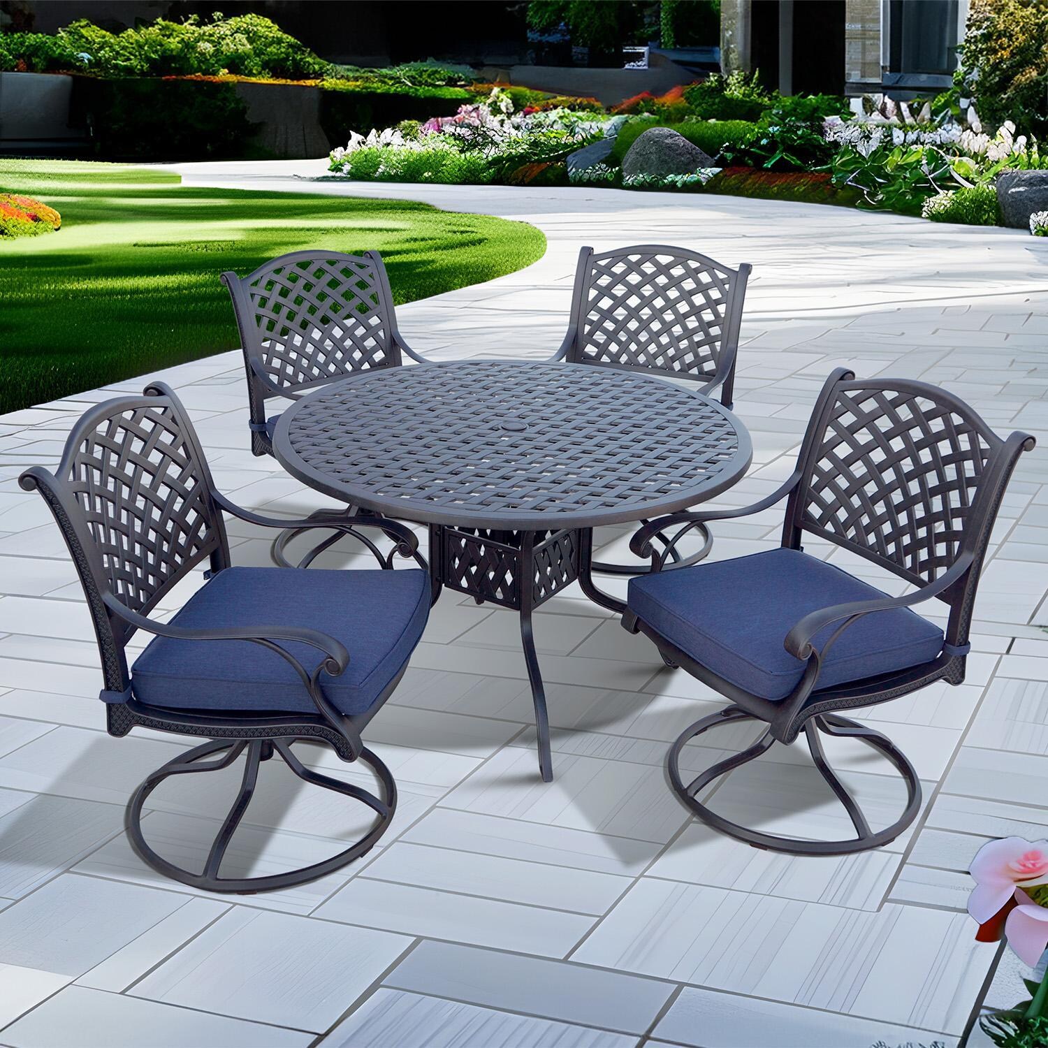 Darlee Nassau 5-Piece Patio Swivel Rocker Dining Set with Navy Blue Cushions and 48 Inch Round Dining Table - Set - Lifestyle thumbnail