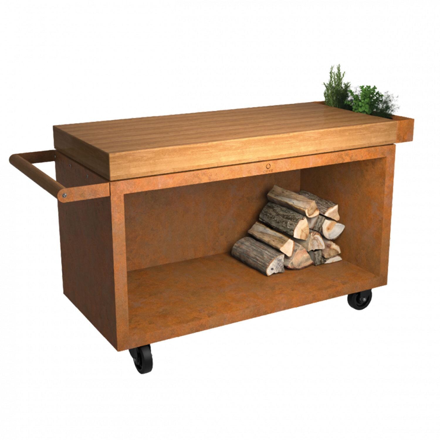 OFYR MP-135-PRO-TW Mise en Place Corten 135 PRO Teak 65 Inch Food Prep Station - Display - White Background thumbnail