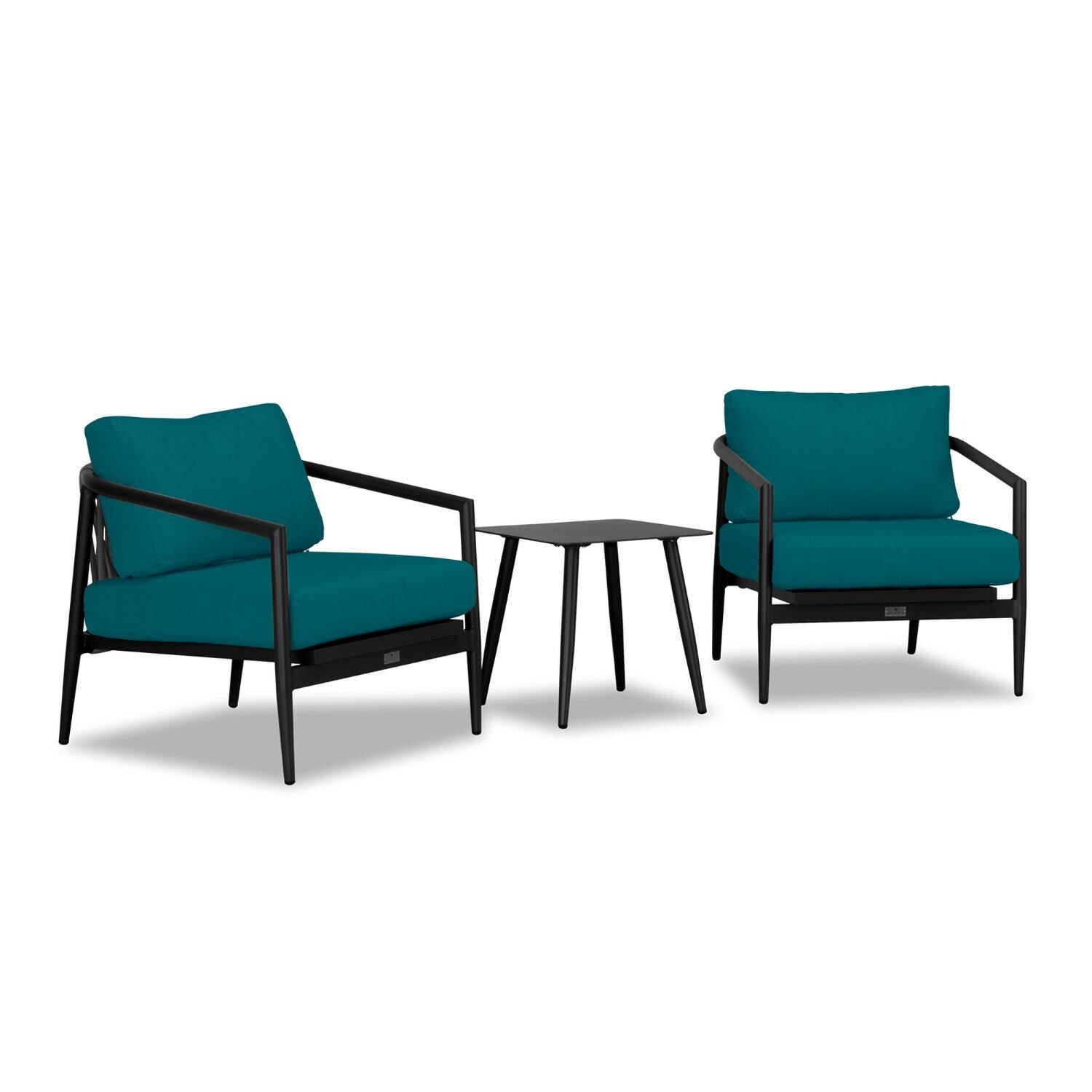 Lakeview Midnight Cove 3 Pc Aluminum Club Chair Seating Set in Black/Carbon/Spectrum Peacock - Angled - White Background thumbnail