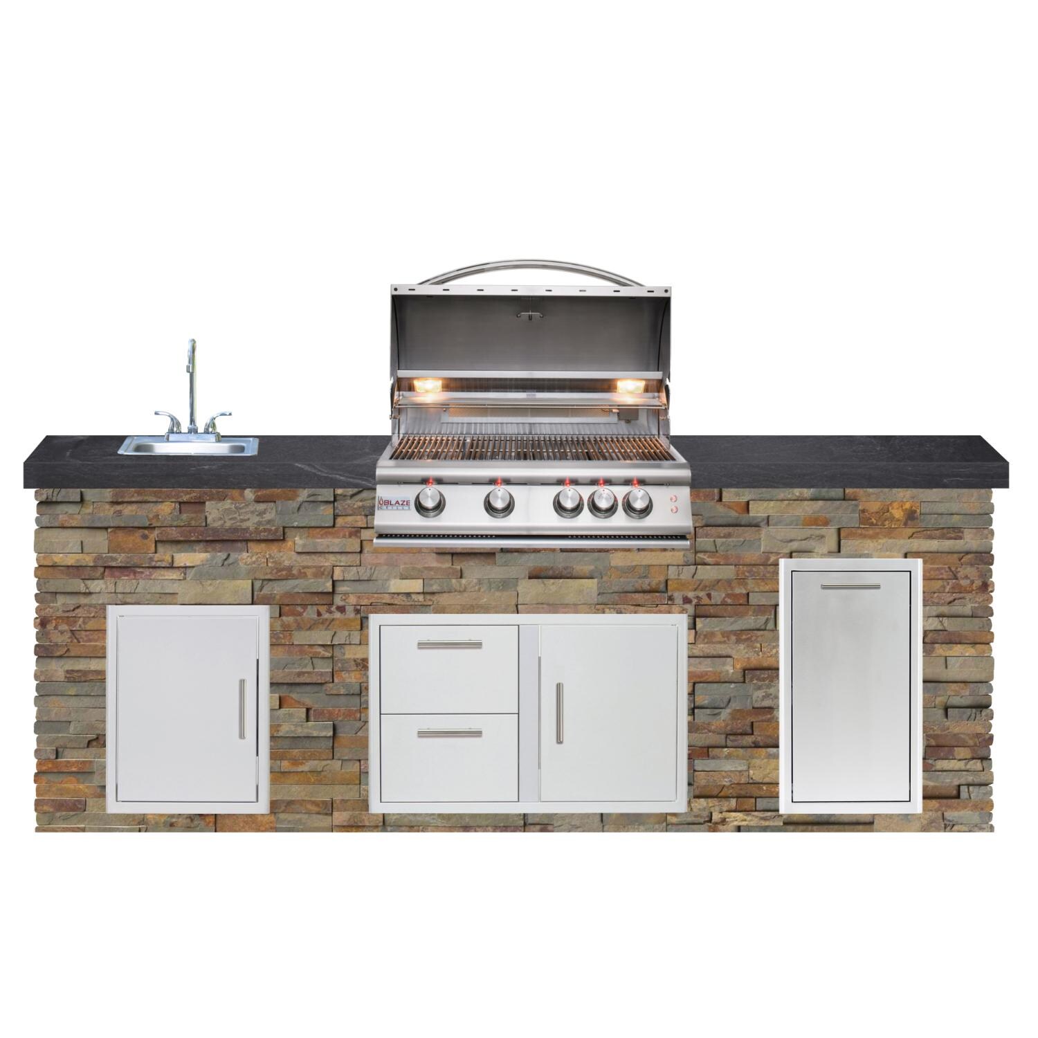 BBQGuys Signature 8ft Luxury Outdoor Island W/ Blaze Premium LTE 32-Inch Propane Grill & Summerset 15-Inch Sink - Gold Rush Stone W/ Black Polished Granite