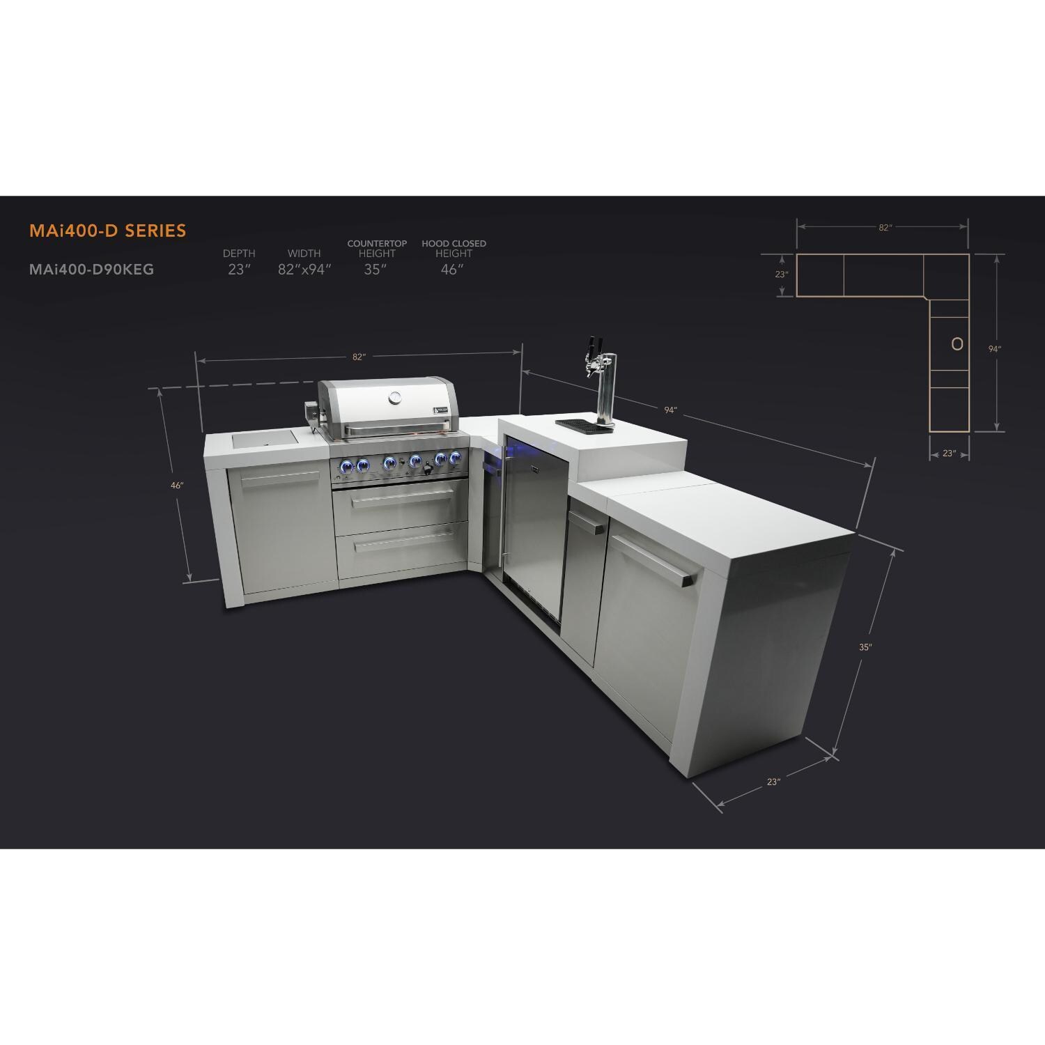 Mont Alpi 400 Deluxe Natural Gas Island w/ 90 Degree Corner & Kegerator (Ships Propane w/ Conversion Kit) - Dimensions - Dimensional thumbnail