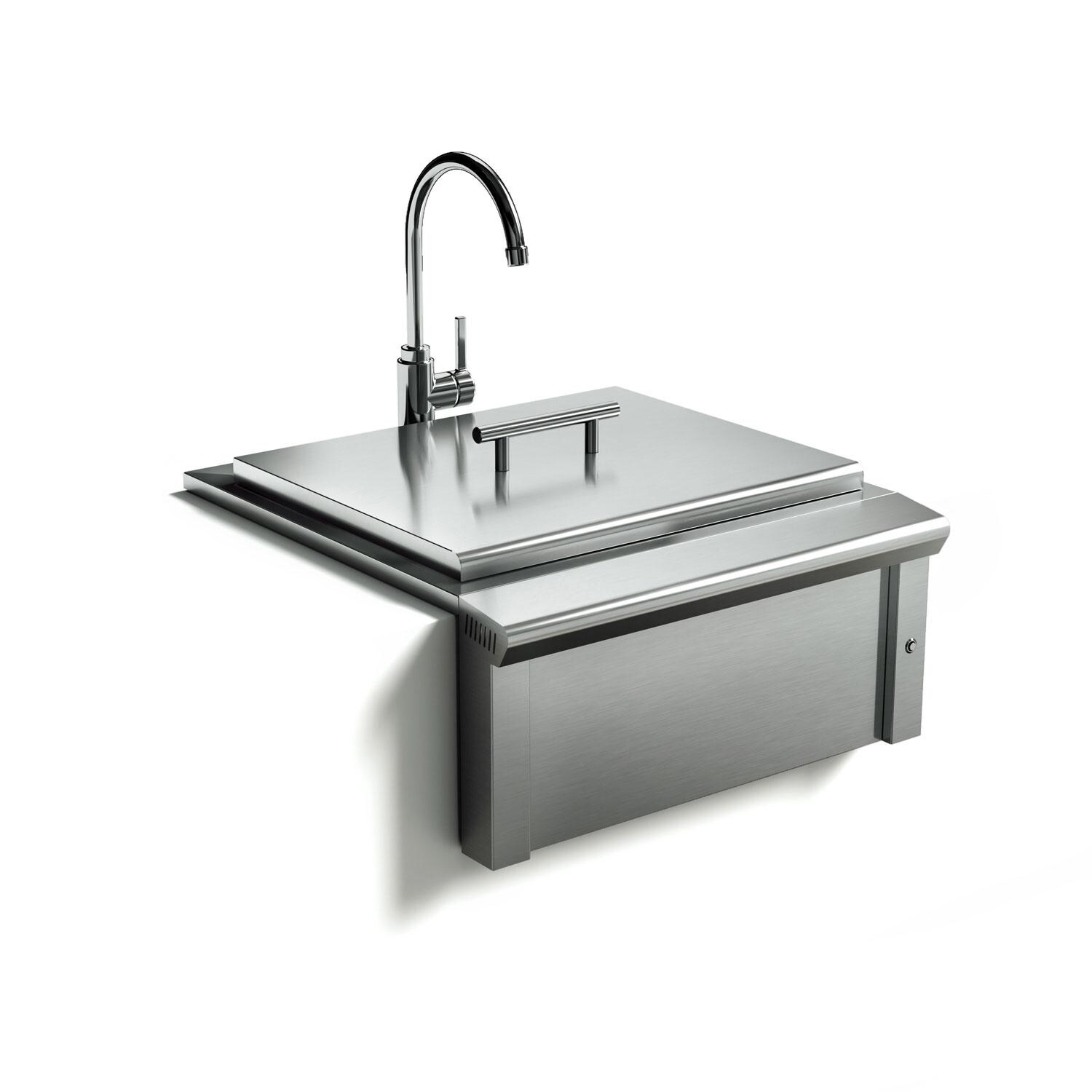 XO Appliance XOG24SINK Pro-Grade 24-Inch Outdoor Stainless Steel Apron Sink & Faucet  - Lid On (Included) - White Background thumbnail