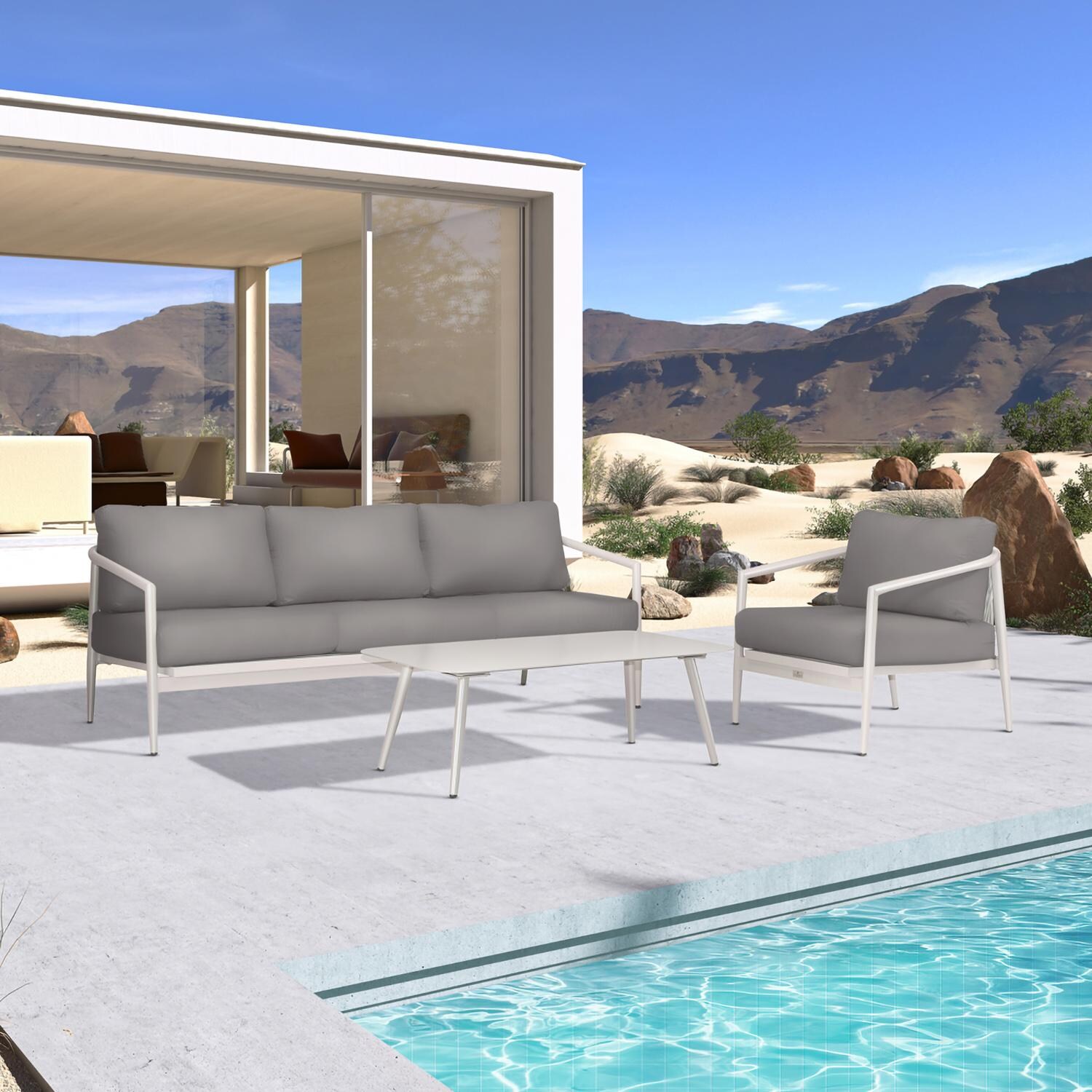 Lakeview Midnight Cove 3 Pc Aluminum Sofa Seating Set in Urban Stone/Carrera/Canvas Charcoal - Angled - Lifestyle thumbnail