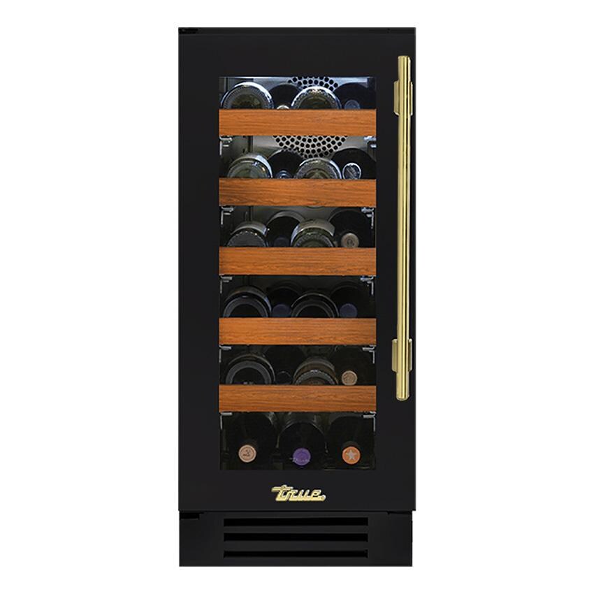 True TWC-15-L-OG-C~DSK-027-H01 15 Inch 23 Bottle Left Hinge Glass Door Outdoor Outdoor Wine Cabinet - Matte Black w/ Brass Handle - White Background thumbnail
