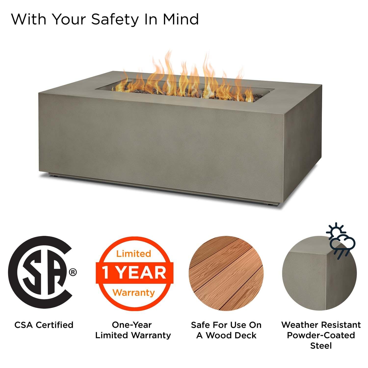 Elysian 42 Inch Rectangular Powder Coated Steel Propane Fire Pit Table in Mist Gray by Lakeview Outdoor Designs - Safety thumbnail