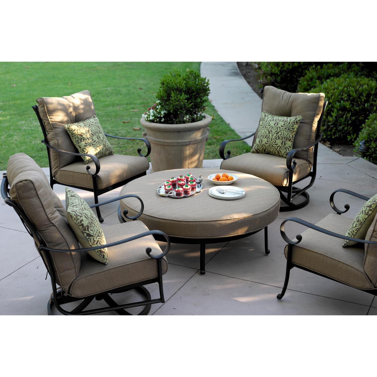 Santa Anita 5 Pc Cast Aluminum Patio Conversation Set w/ Round Ottoman & Heather Beige Sunbrella Cushions By Darlee - Back Patio - Full View - Lifestyle thumbnail