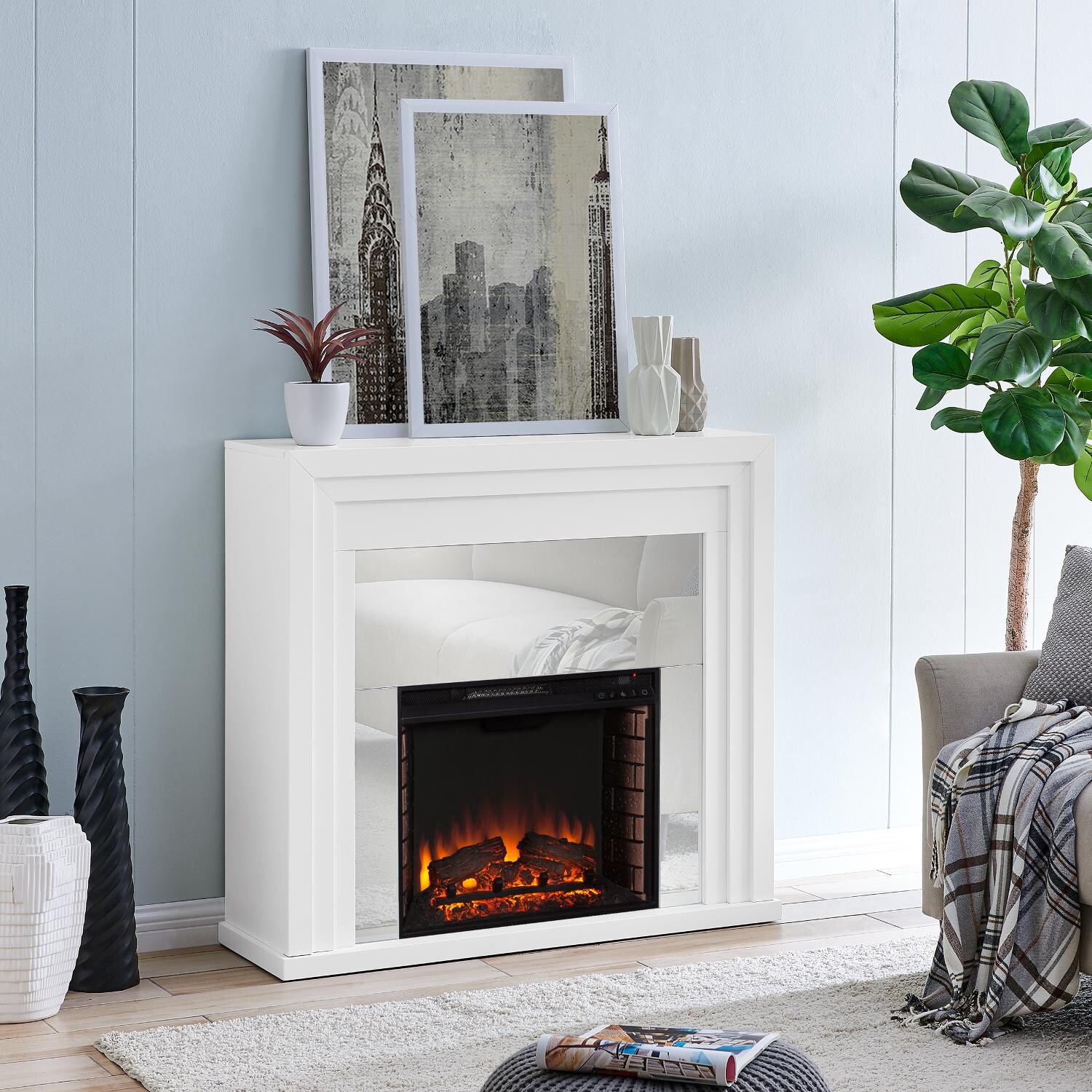 Southern Enterprises FE1009659 Stadderly 44-Inch Electric Fireplace - White W/ Mirrored Surround - In The Home thumbnail