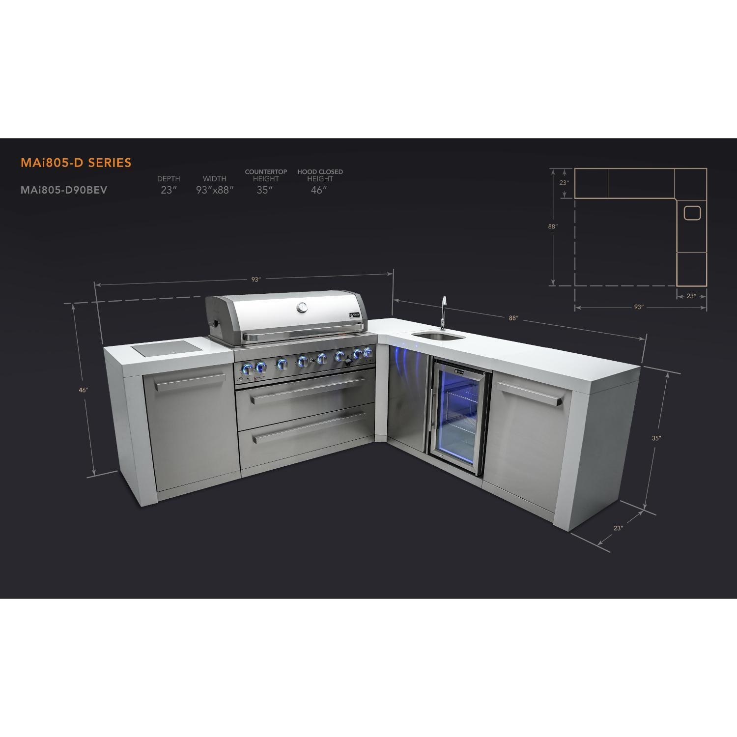 Mont Alpi 805 Deluxe Natural Gas Island w/ 90 Degree Corner & Beverage Center (Ships Propane w/ Conversion Kit) - Dimensions - Dimensional thumbnail