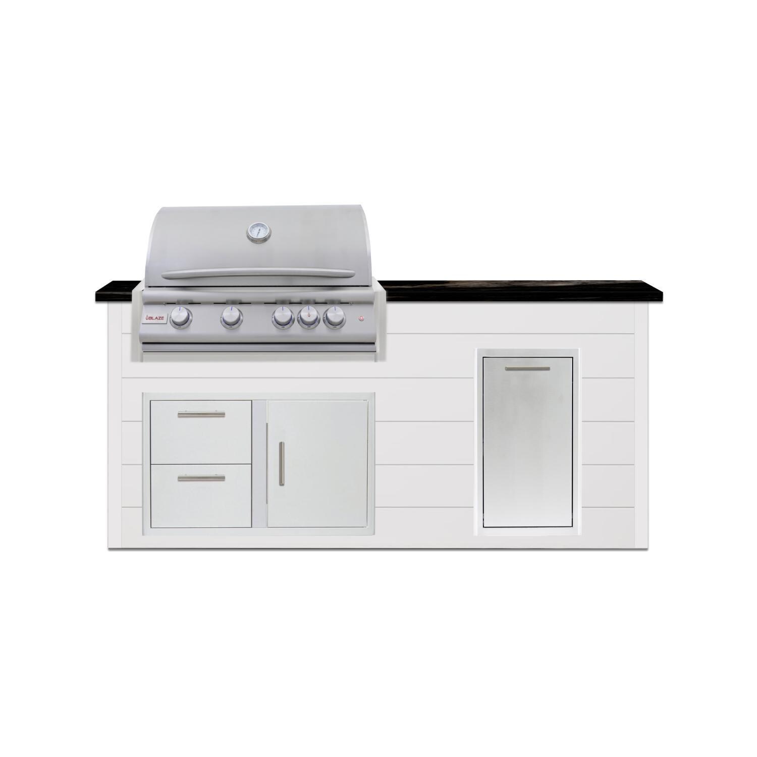 BBQGuys Signature 6 Ft Outdoor Kitchen Island w/ 32 Inch Natural Gas Blaze LTE+ Grill & Narrow Trash Bin | Crystal White w/ Nero Mist Granite