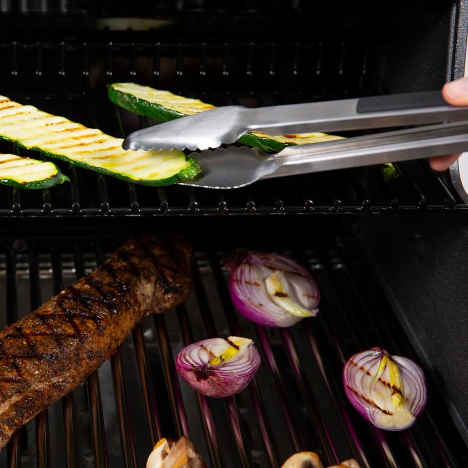 Broil King Stainless Steel 12-in Precision Baron Tongs - 64036 - Flipping Veggies - Lifestyle thumbnail