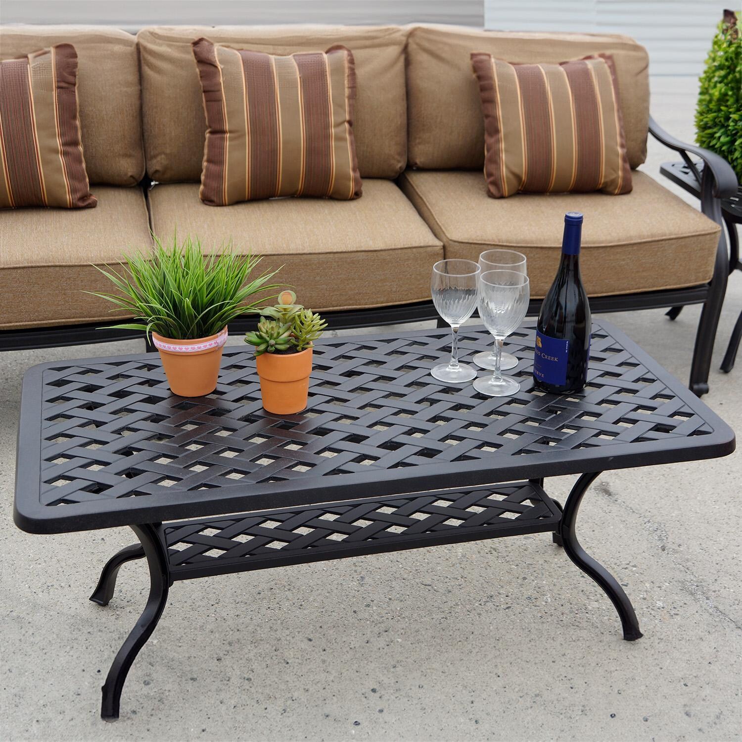 Darlee Nassau 4-Piece Patio Sofa Conversation Set (with 2 Adjustable Club Chairs) with Cushions and 21 X 42 Inch Rectangular Coffee Table - Table - Lifestyle thumbnail