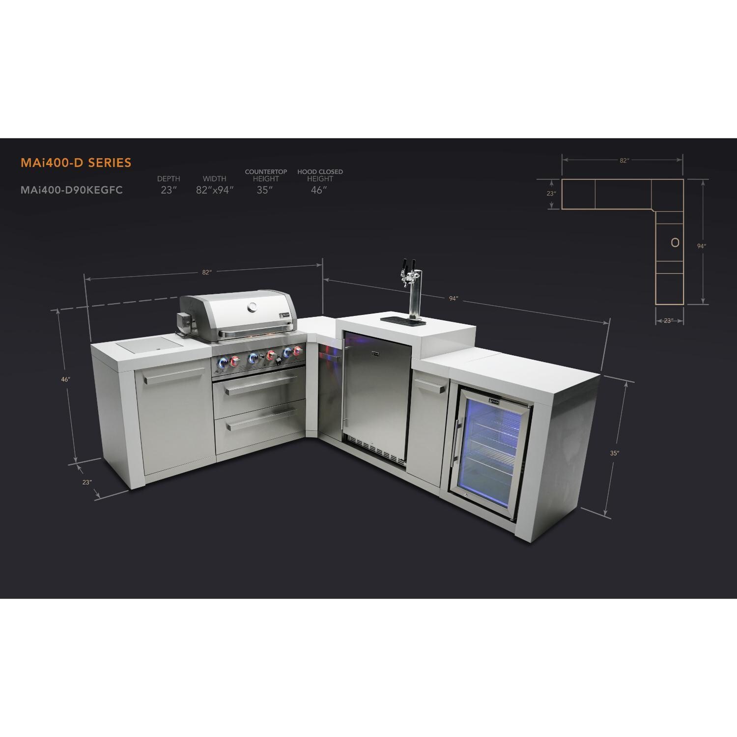 Mont Alpi 400 Deluxe Natural Gas Island w/ 90 Degree Corner, Kegerator & Fridge Cabinet (Ships Propane w/ Conversion Kit) - Dimensions - Dimensional thumbnail