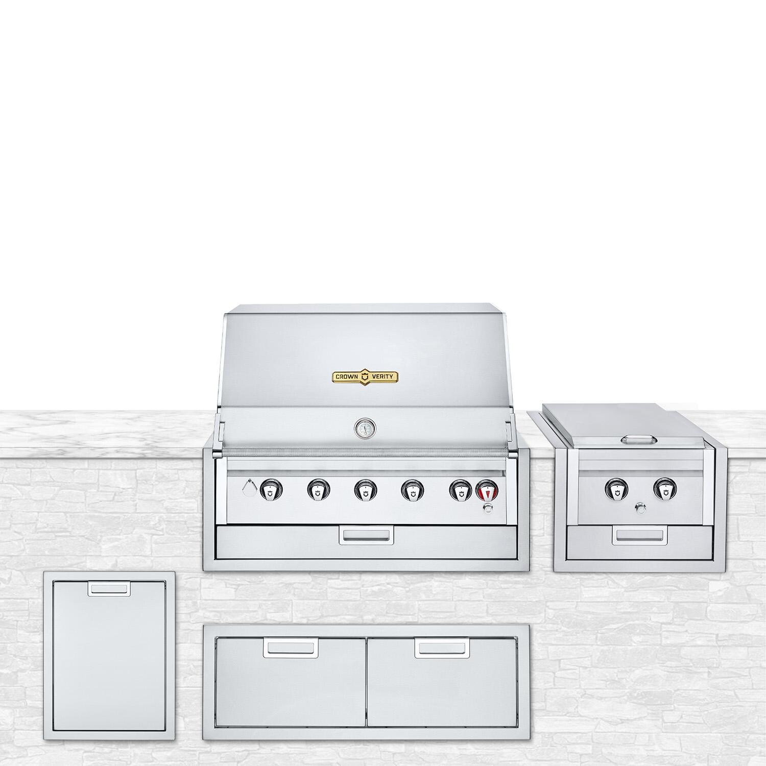 Crown Verity IBI36NG Infinite Series 4pc 36-Inch Natural Gas Built-In Grill Bundle W/Large Storage Cabinet, Access Door, & Sideburner - White Background thumbnail