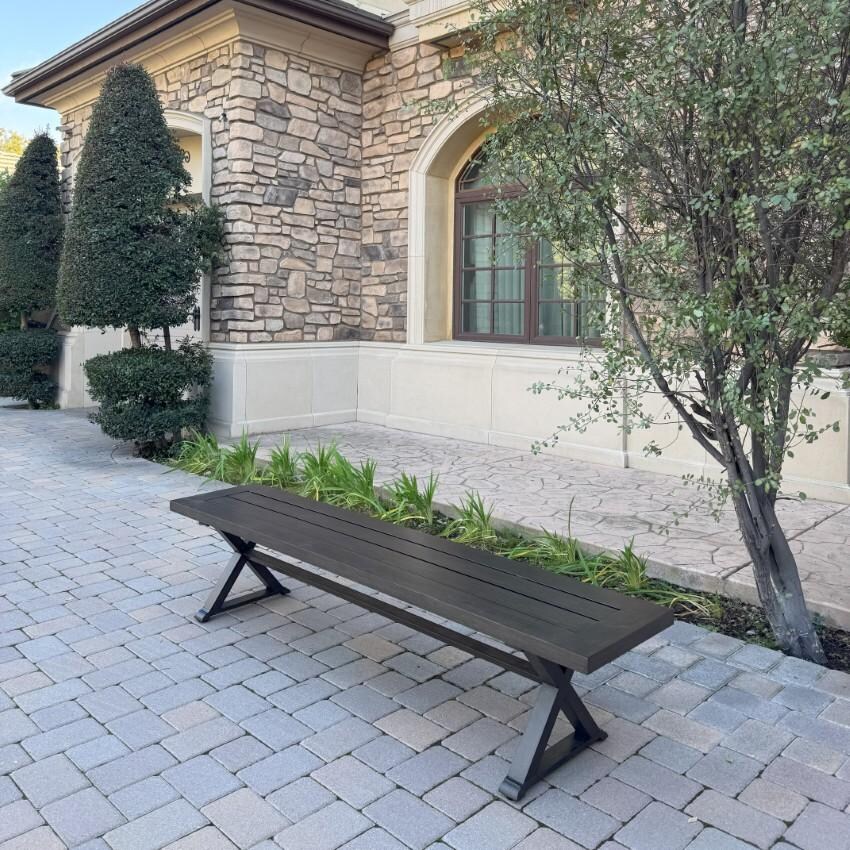 Darlee Brooklyn 9-Piece Patio Dining Set (with 7 Dining Chairs and 1 Bench) with Cushions and 59 X 88 Inch Rectangular Dining Table - Bench - Lifestyle thumbnail