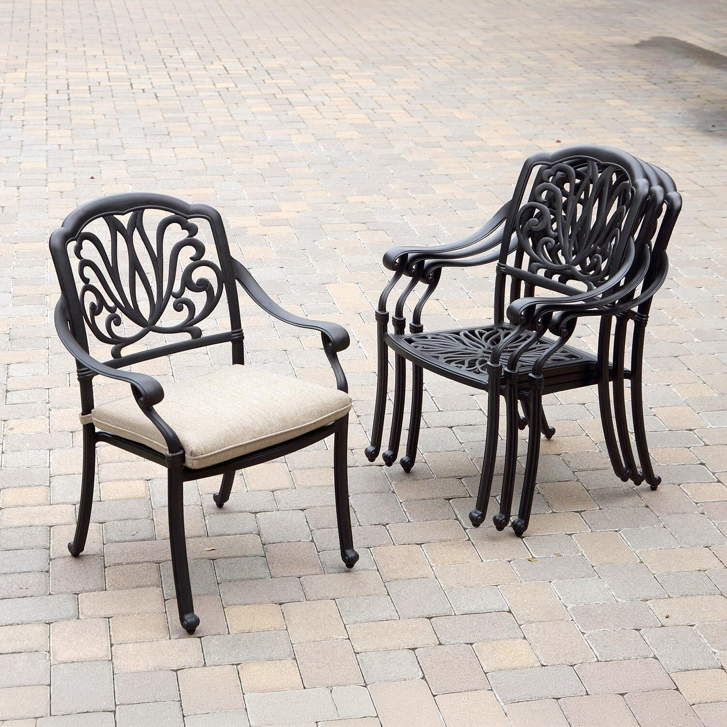 Darlee Elisabeth 7 Pc Cast Aluminum Fire Pit Dining Set w/ 60 Inch Round Signature Table in Antique Bronze/Beige - Chairs Stacked - Lifestyle thumbnail