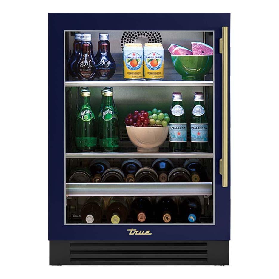 True 24 Inch 147 Can 13 Bottle Left Hinge Glass Door Outdoor Beverage Center - Cobalt w/ Brass Handle - TBC-24-L-OG-C~DSK-078-H01