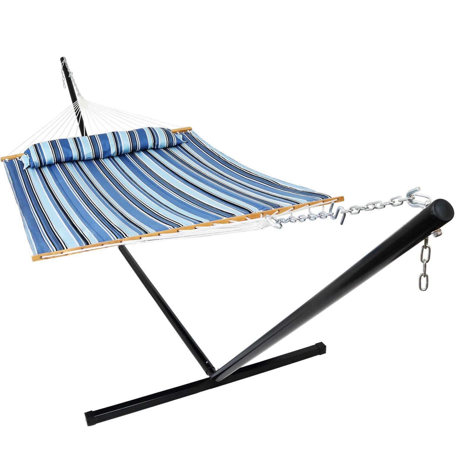 Ultimate Patio Quilted Double Hammock w/ 15-Foot Steel Beam Stand & Pillow - Misty Beach thumbnail