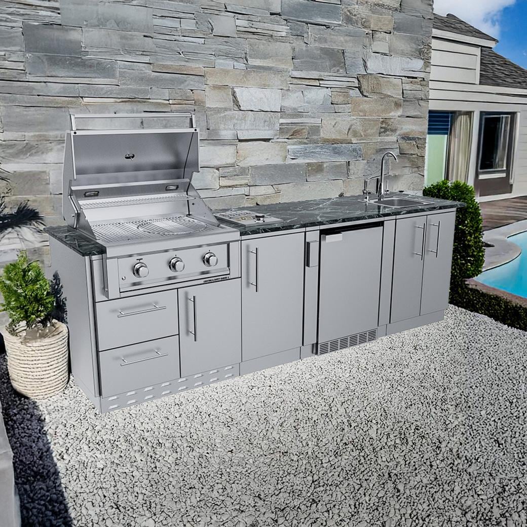 Sunstone Grills SCPBRAZOS9-LP Brazos 9 Ft Outdoor Kitchen Island w/ Propane Grill & Side Burner, Sink, Door & Drawer - On Patio Open - Lifestyle thumbnail