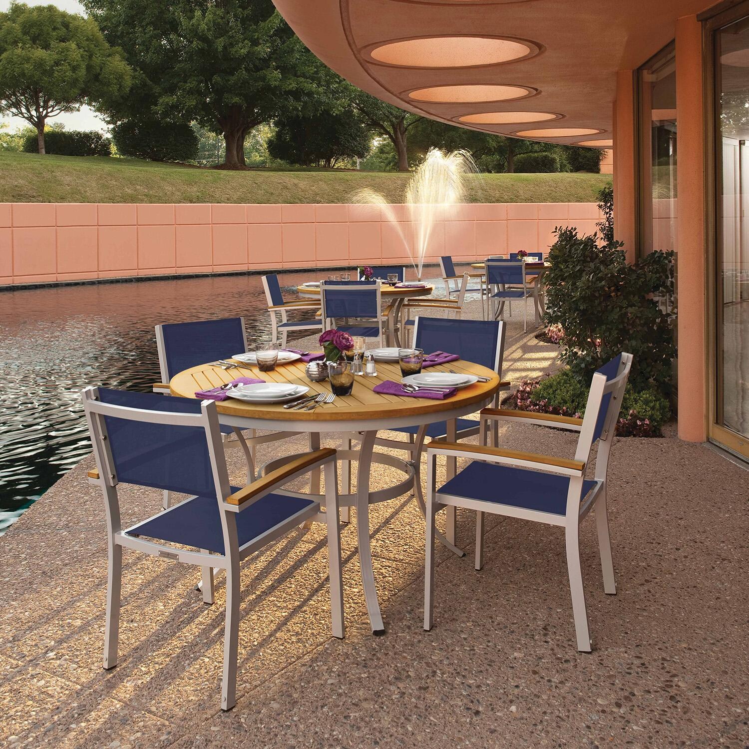 Oxford Garden 5089-PC.F Travira 5 Pc Aluminum Dining Set in Natural Tekwood/ Ink Pen Sling by Oxford Garden - On Patio - Lifestyle thumbnail