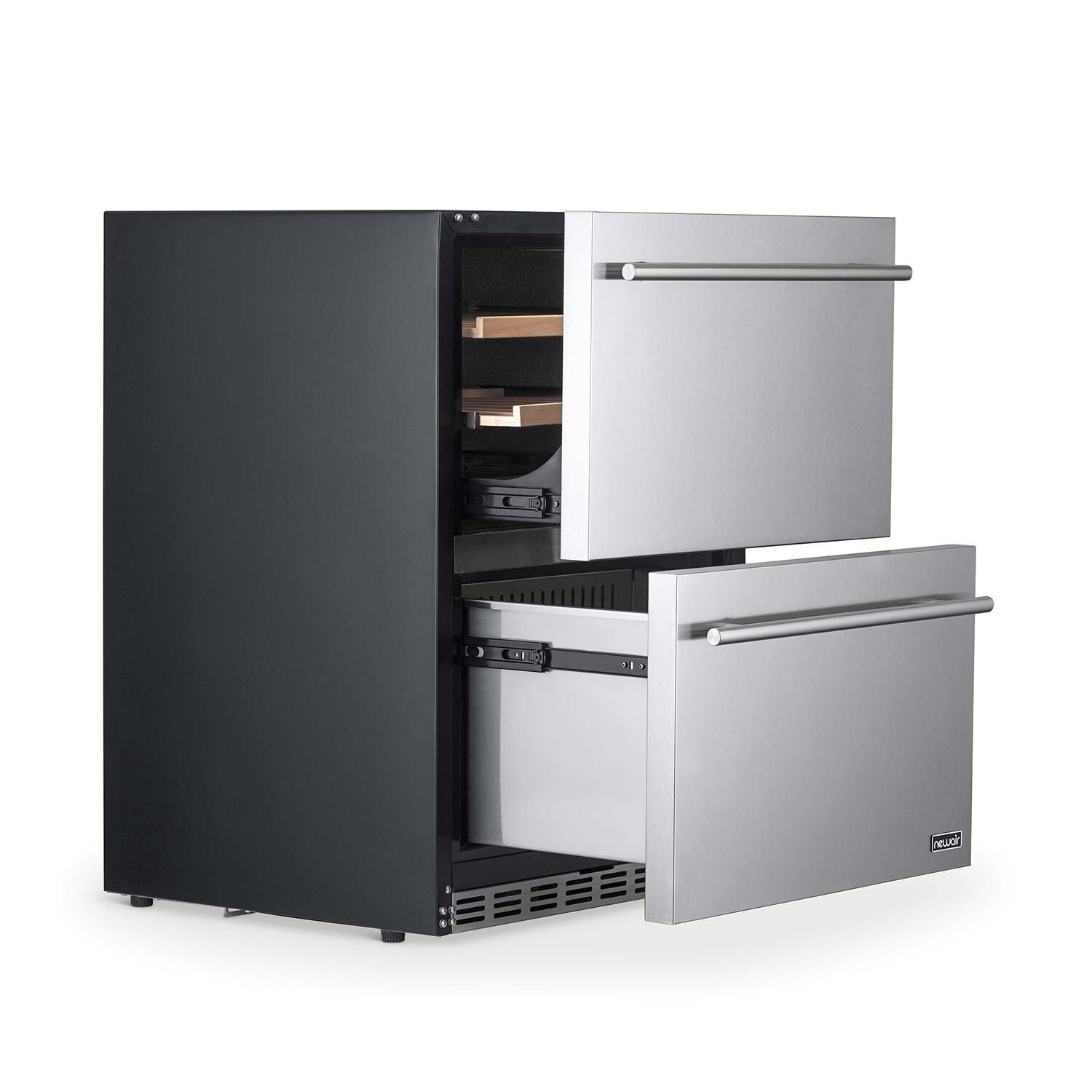 Newair NOF100SS00 24-Inch Built-in 20 Bottle & 80 Can Dual Drawer Wine & Beverage Fridge - Drawers Open thumbnail