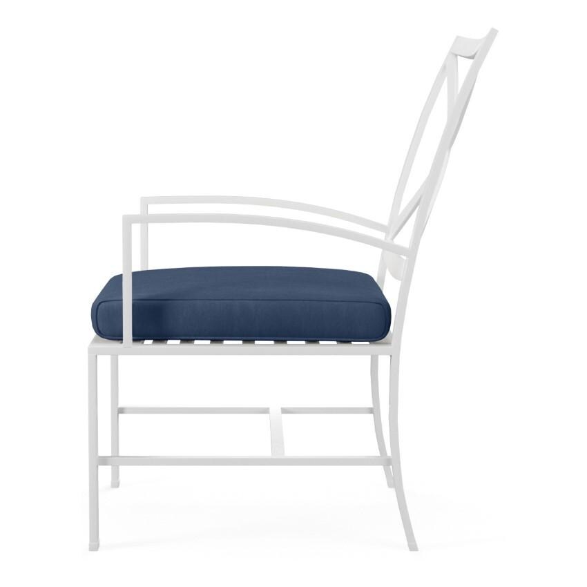 Bristol Aluminum Dining Arm Chair w/ Self Welt in White/Spectrum Indigo by Sunset West - Side View - White Background thumbnail