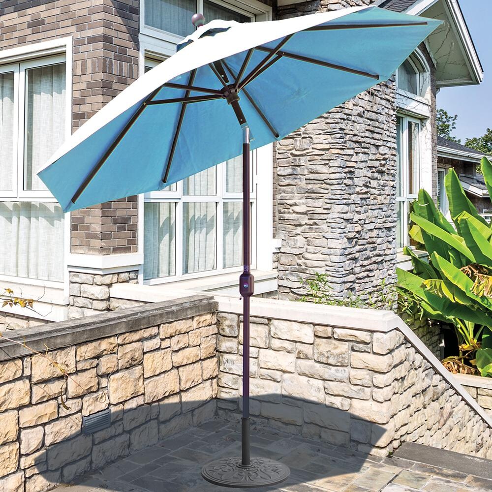 Galtech 7.5 Ft. Octagonal Patio Umbrella W/ Crank Lift - Lifestyle View - Shown In Antique Bronze Finish W/ Gingko Sunbrella Fabric (Umbrella Base Not Included) thumbnail
