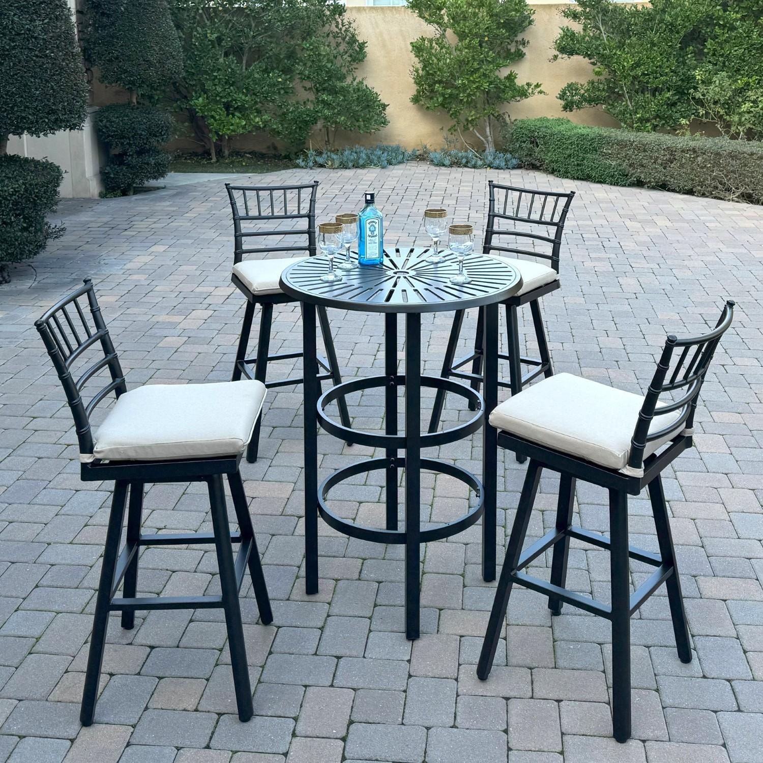Bella 4 Pc Aluminum Swivel Bar Height Bar Stool Set in Beige/Dark Brown by Darlee - Shown w/ Table (Not Included) - Lifestyle thumbnail