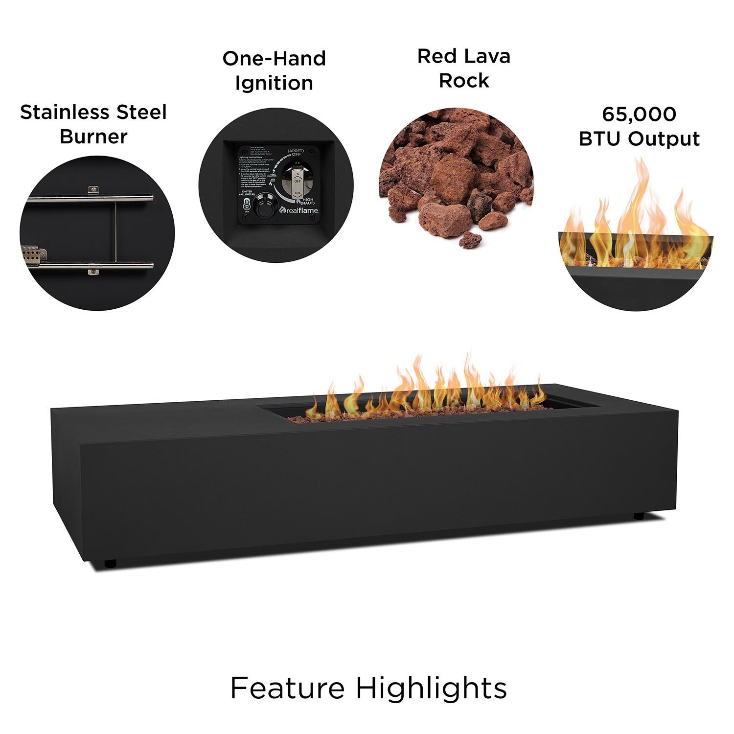 Elysian 75-in Rectangular Steel Propane Fire Pit Table in Black by Lakeview - Features - Detail thumbnail