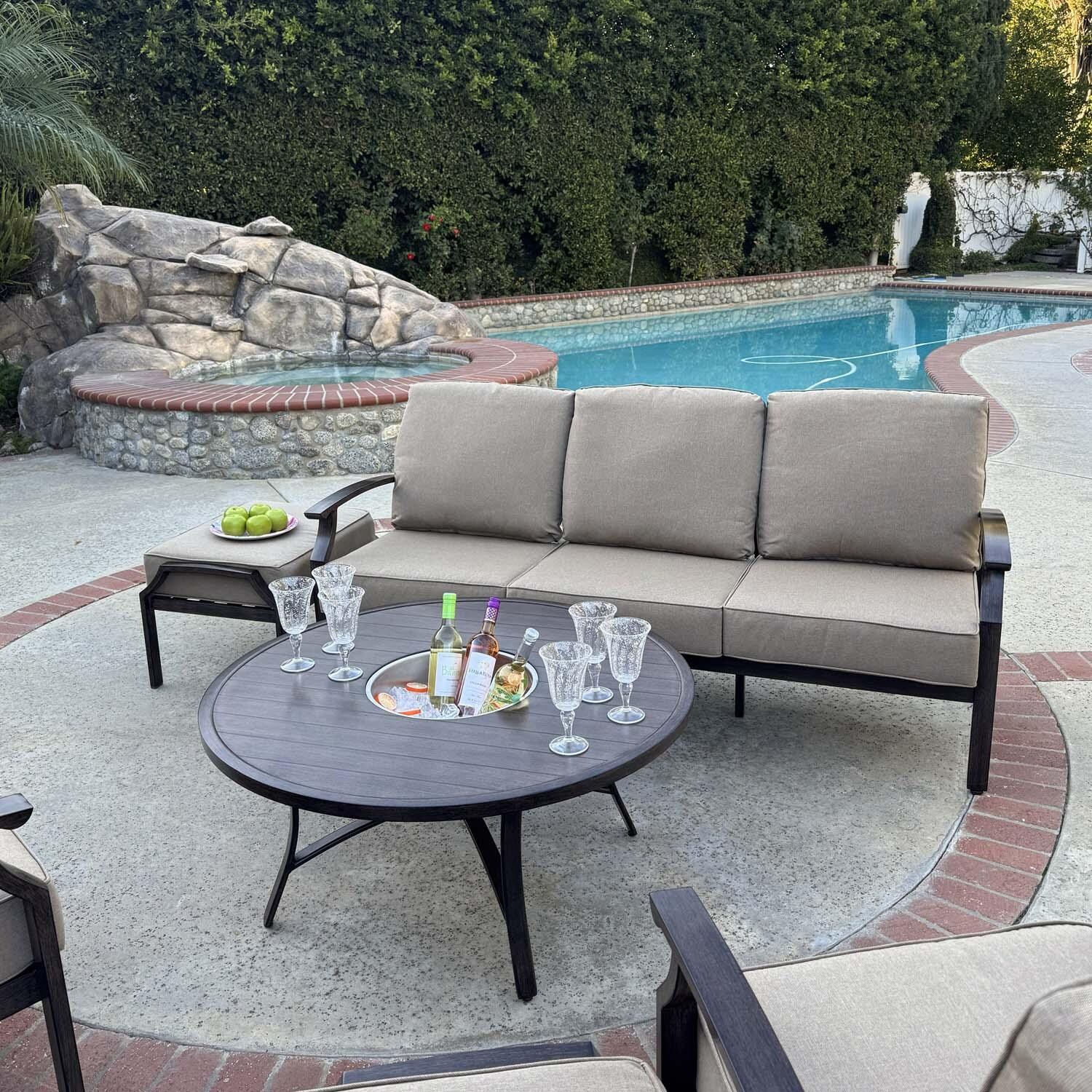 Atlantis 6 Pc Aluminum Seating Set w/ Round Ice Bucket Chat Table in Walnut/Beige by Darlee - Close Up - Lifestyle thumbnail