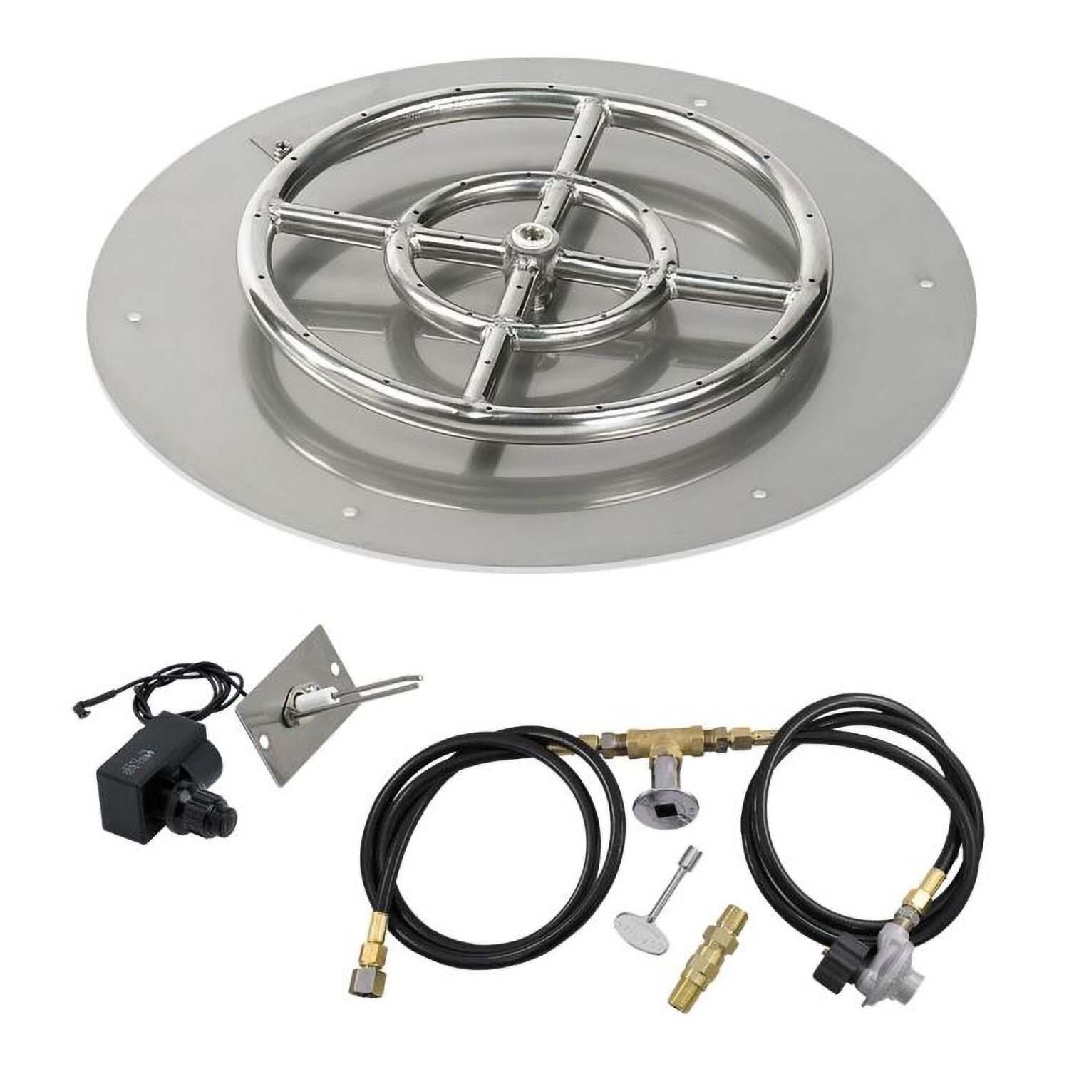 BBQGuys Signature 18 Inch Stainless Steel Round Flat Fire Pit Pan W/Spark Ignition Kit - 12 Inch Ring - Propane