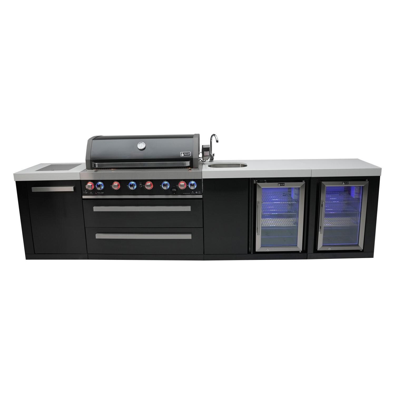Mont Alpi - MAi805-BSSBEVFC - Deluxe Propane Gas Island Grill W/ Beverage Center, Refrigerator Cabinet, Infrared Side Burner, & Rotisserie Kit - Black Stainless Steel - White Background thumbnail