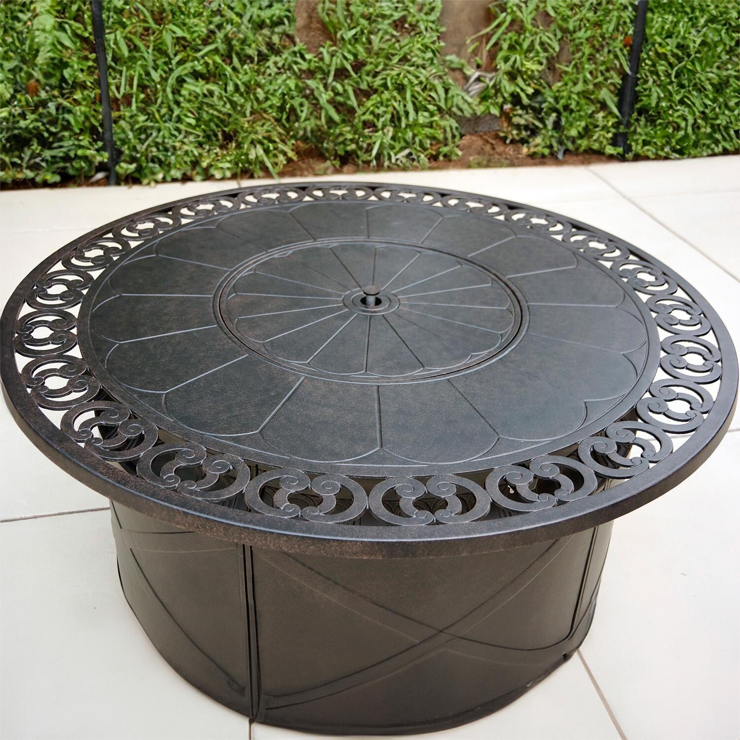 Darlee Nassau 5-Piece Patio Propane Fire Pit Conversation Set with Cushions and 47 Inch Round Fire Pit Chat Table and Fireglass - Fire Table - Lifestyle thumbnail