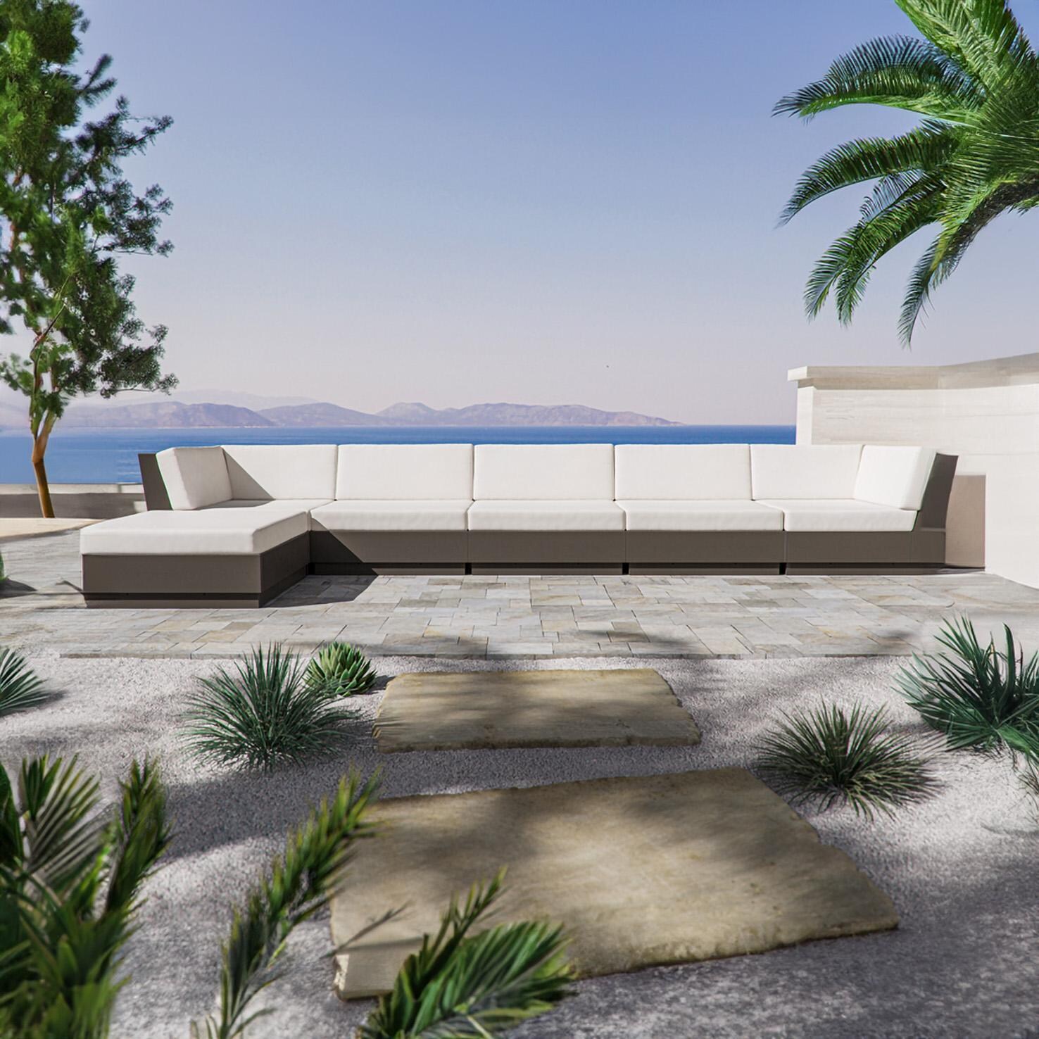 PW Designer Series PWS851-2-VWH145982 Elevate 6 Pc Recycled Plastic Chaise Sectional Seating Set in Vintage White/Weathered Tweed - On the Patio (Shown in Vintage Coffee/Dune Burlap) - Lifestyle thumbnail