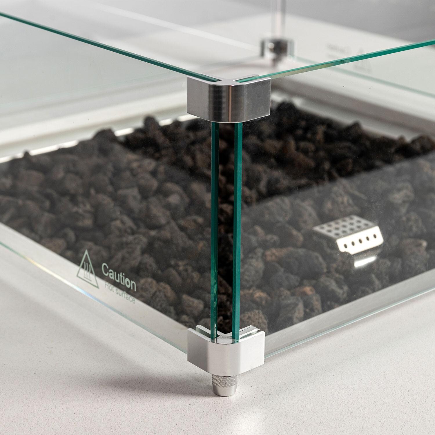 Glenwood 42-in Square Concrete Propane Fire Pit w/ Hidden Propane Tank in White by Lakeview Outdoor Designs - Glass Wind Guard Full Mounting Bracket - Detail thumbnail