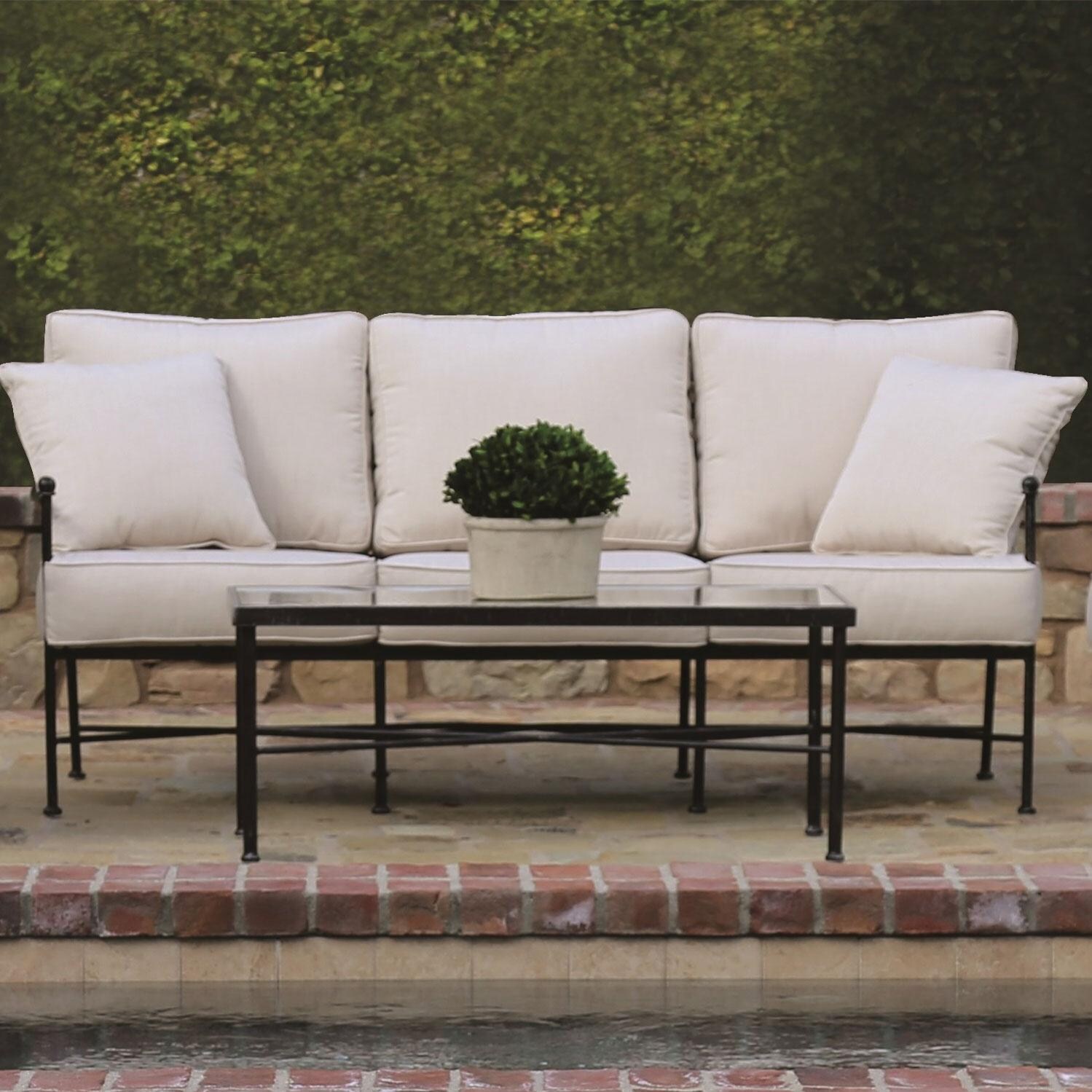 Provence Wrought Iron Patio Sofa W/ Sunbrella Canvas Flax Cushions By Sunset West - Shown w/table (not included) - Lifestyle thumbnail