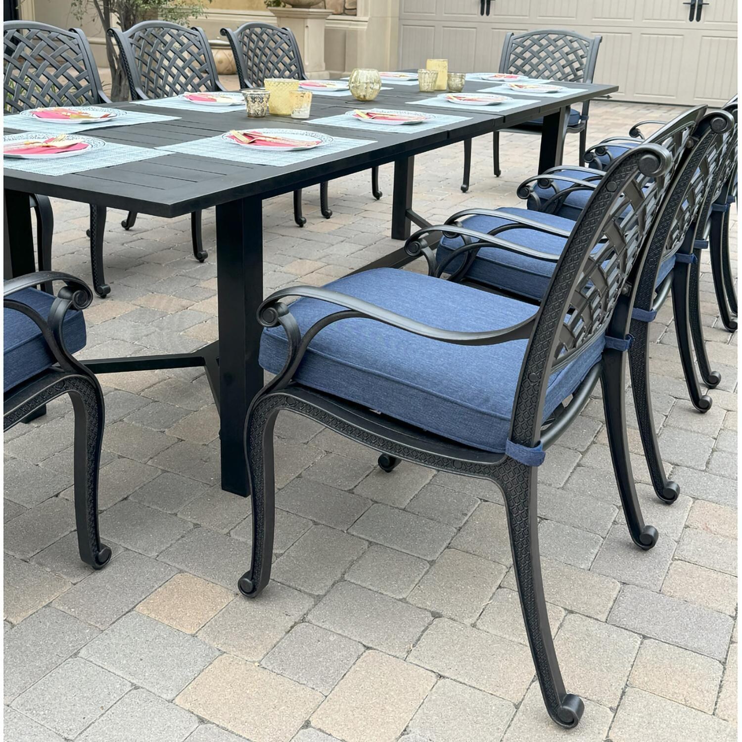 Darlee B/DL13-11PCD-2350LE-N Nassau 11 Pc Cast Aluminum Dining Set in Antique Bronze w/ Navy Cushions - Chair Angle - Lifestyle thumbnail