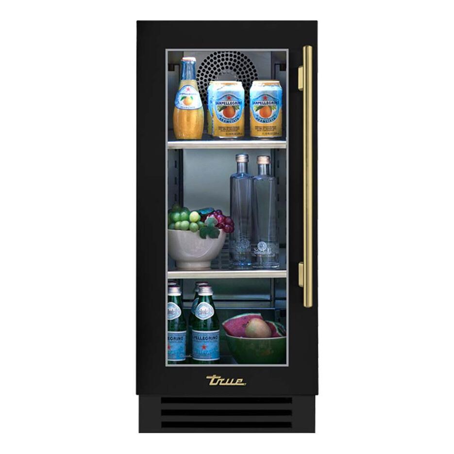 True 15 Inch 3.14 Cu. Ft. Left Hinge Glass Door Outdoor Refigerator - Matte Black w/ Brass Handles - TUR-15-L-OG-C~DSK-027-H01