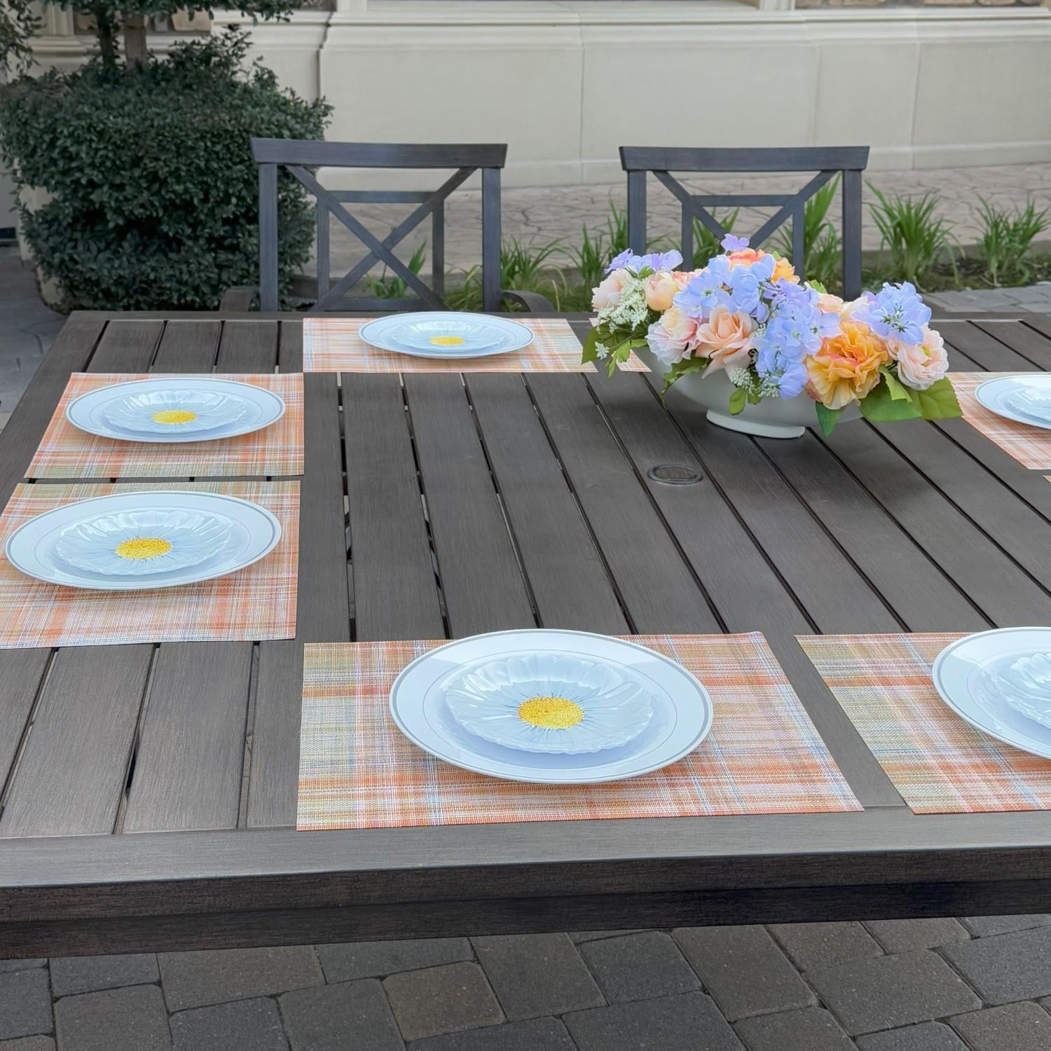 Atlantis 9 Pc Aluminum Dining Set w/ 8 Swivel Rocker Dining Arm Chairs in Walnut/Beige by Darlee - Table Side - Lifestyle thumbnail